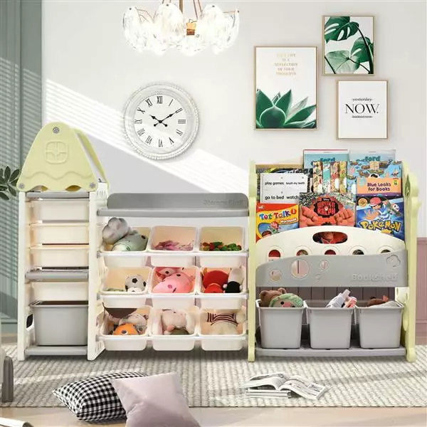 Kids Bookshelf Toy Storage Organizer 17 Bins 5 Bookshelves Multi-functional Nursery Set SuperDope