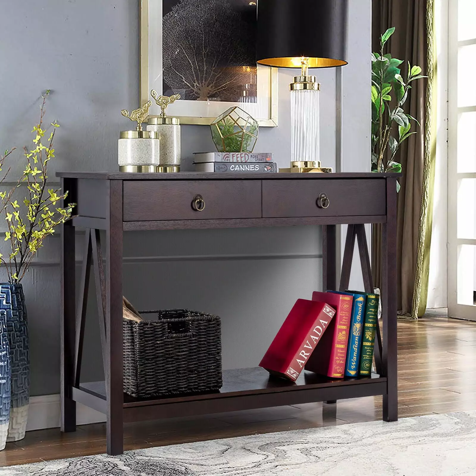 FONIRRA Espresso Console Table 2 Drawers Storage Shelf Living Room Console