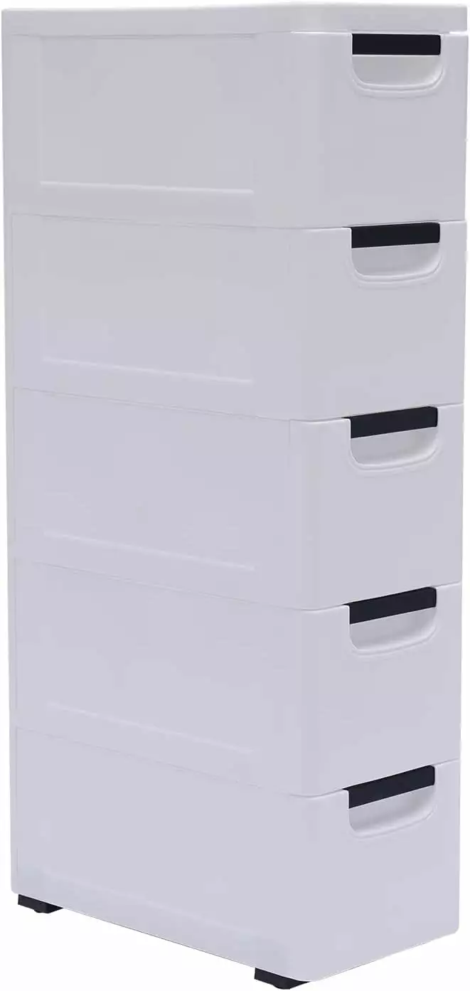 Miumaeov Plastic 5 Drawers Dresser Arranger Bedroom Bedside Storage Tower White Cabinet
