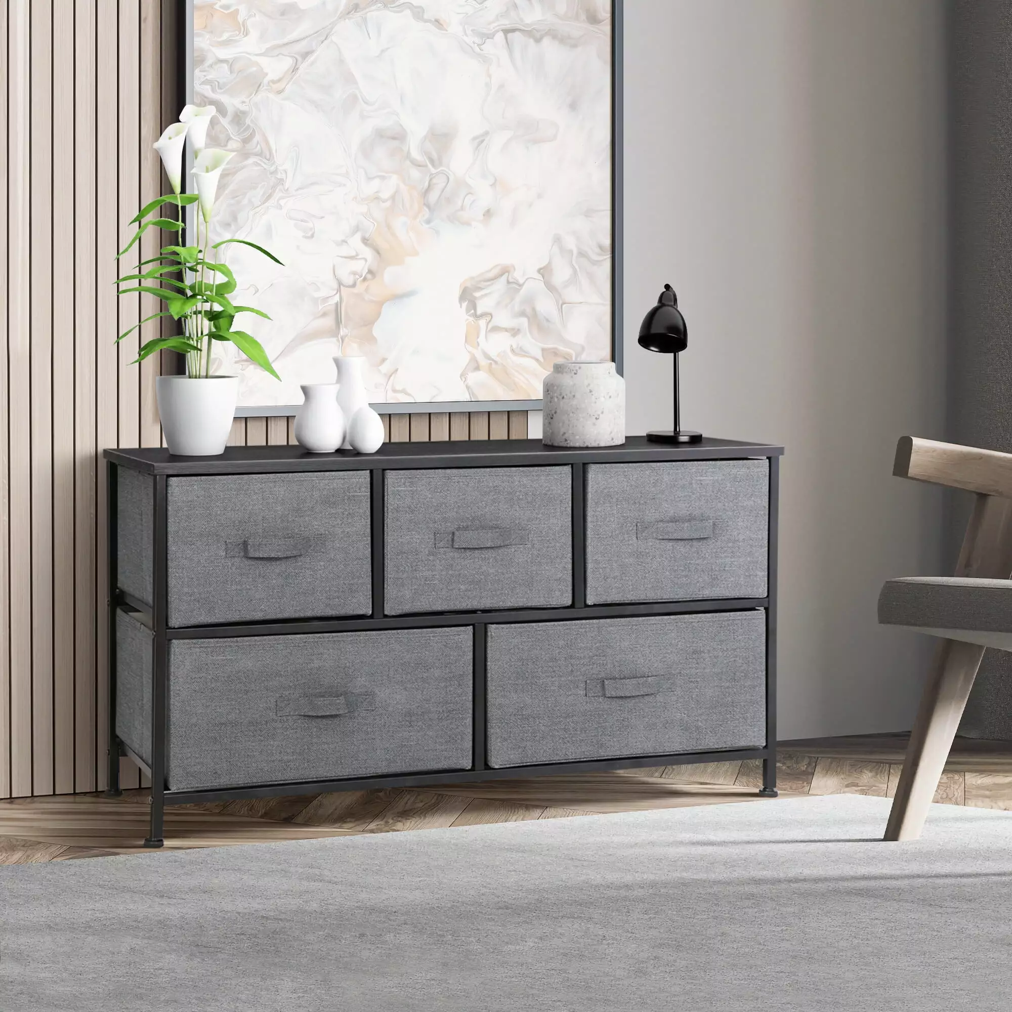 ZENY 2-Tier Steel Frame Wide Dresser Storage Tower Entryway Gray