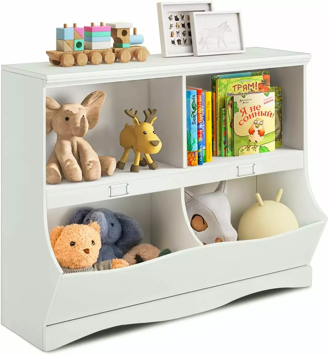 Wooden 4-Cubby Kids Book Shelf and Toys Bin Multifunctional Toy Cabinet Bookcase Playroom Bedroom Tongou
