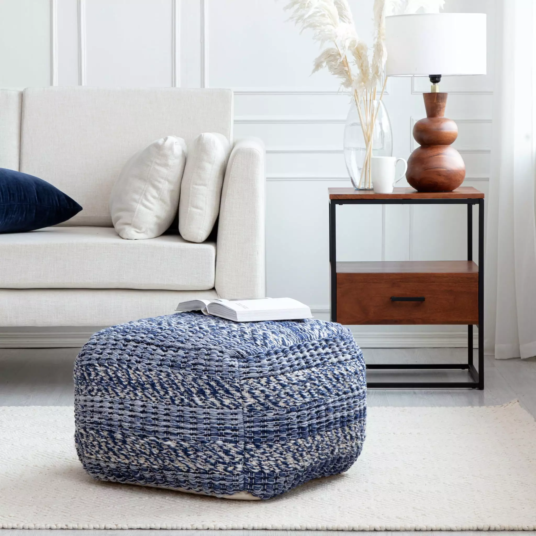 Navy Stripes 22 x 22 x 16 Navy Ivory Pouf Nautical Accent Footrest Living Room Anji Mountain