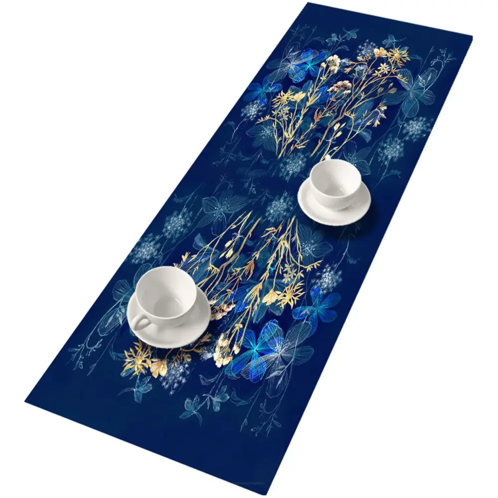 Bertoni Decorative Felt Table Runner 95x33cm Anti Scratch Tablecloth Decorated Blue Flowers Pattern Design