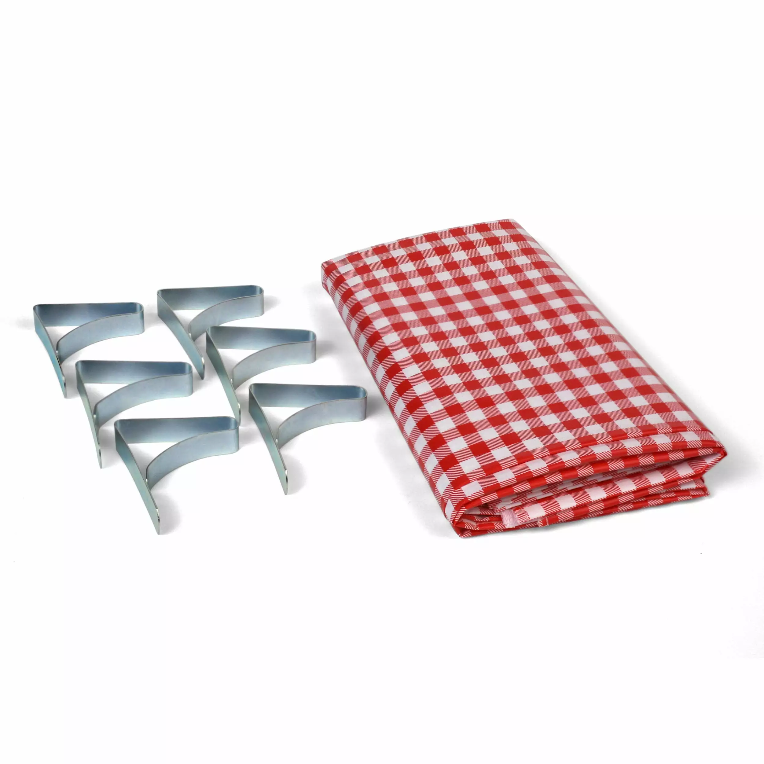Coghlan's Picnic Combo Pack. Red and White Checkered 54 x 72 Vinyl Tablecloth & 6 Stainless Steel Tablecloth Clamps