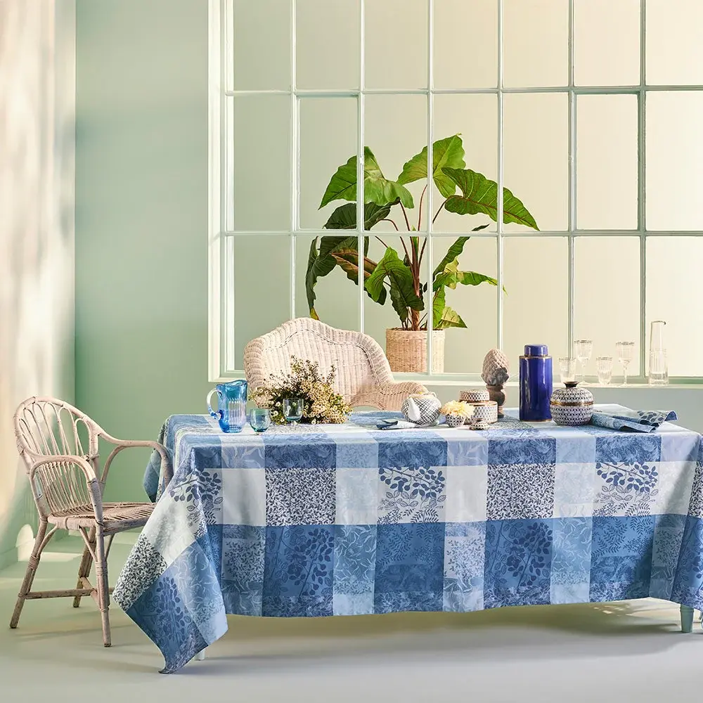 Mille Rameaux Bleu Jacquard Tablecloth Fray-Resistant Hem