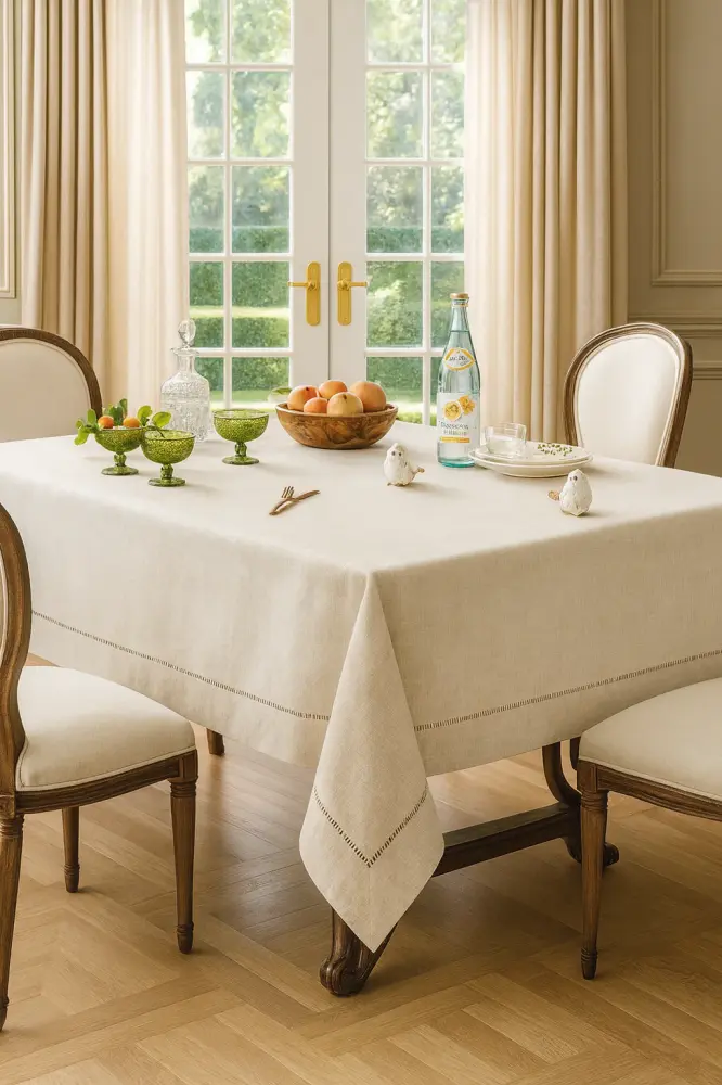 Natural Hemstitched Flax Blend Tablecloth Non-Slip Backing