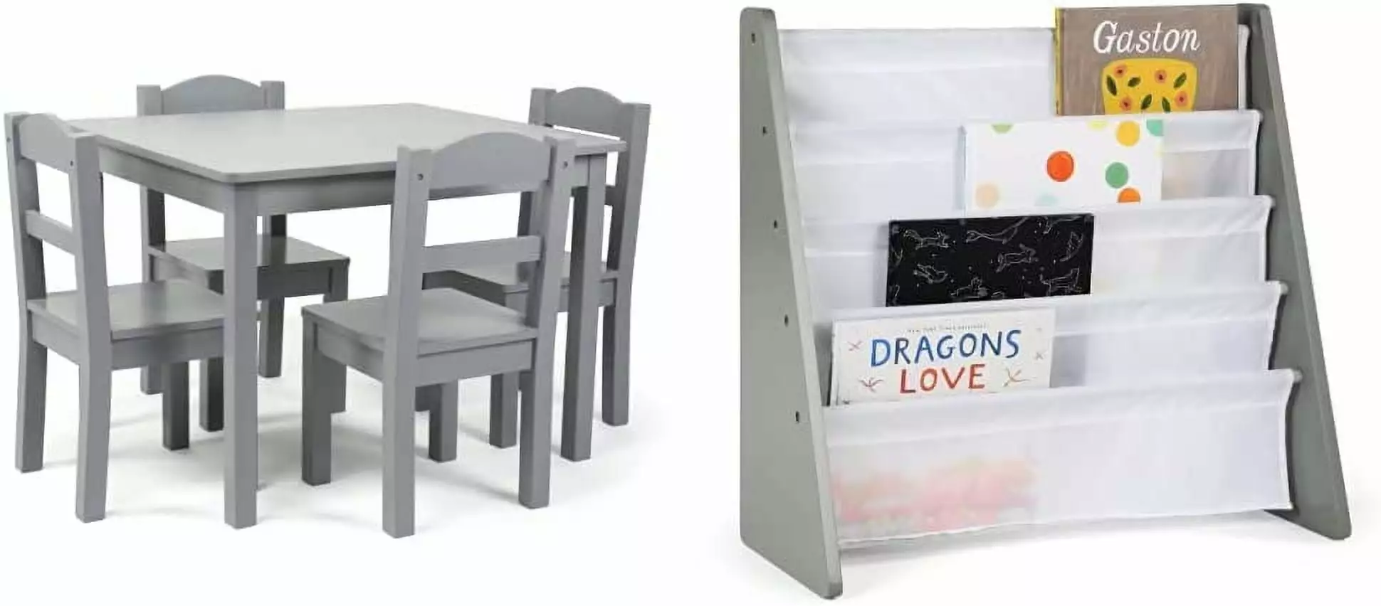 DONFU Kids Wood Table and 4 Chair Set Grey & Grey White Kids Book Rack Storage Bookshelf 4 Tiers