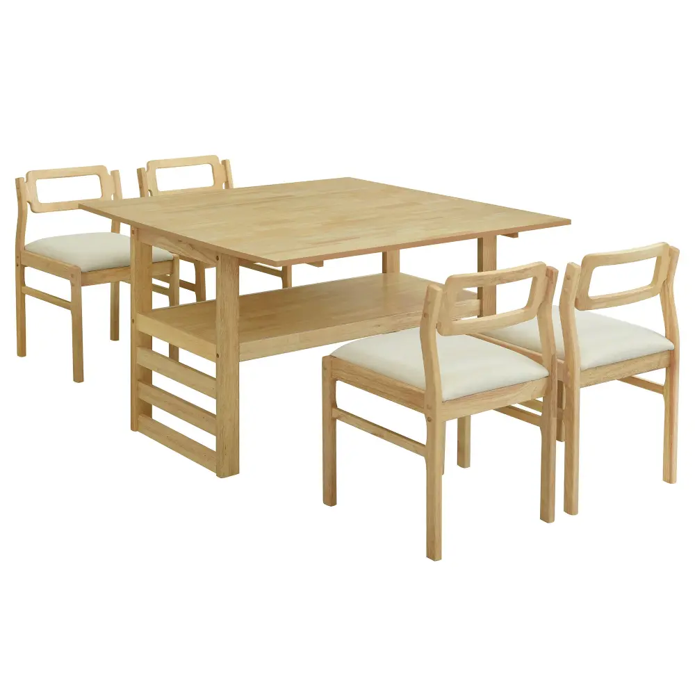 5 Piece Extendable Wood Square Dining Table Place 2 Drop Leaves