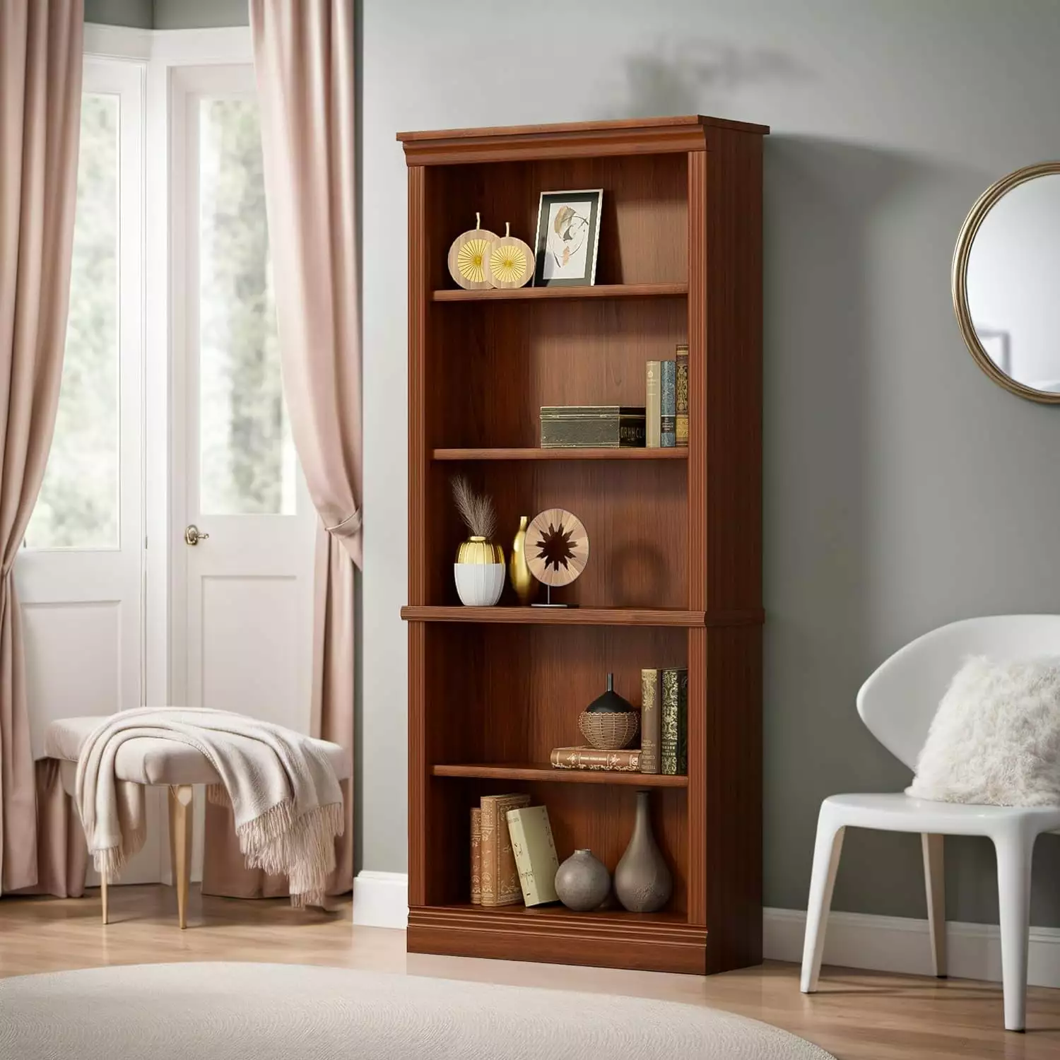 5-Shelf Tall Bookcase 72 Inch Wood Open Display Floor Bookshelf Library Bedroom Living Room Cherry YoJoFHM