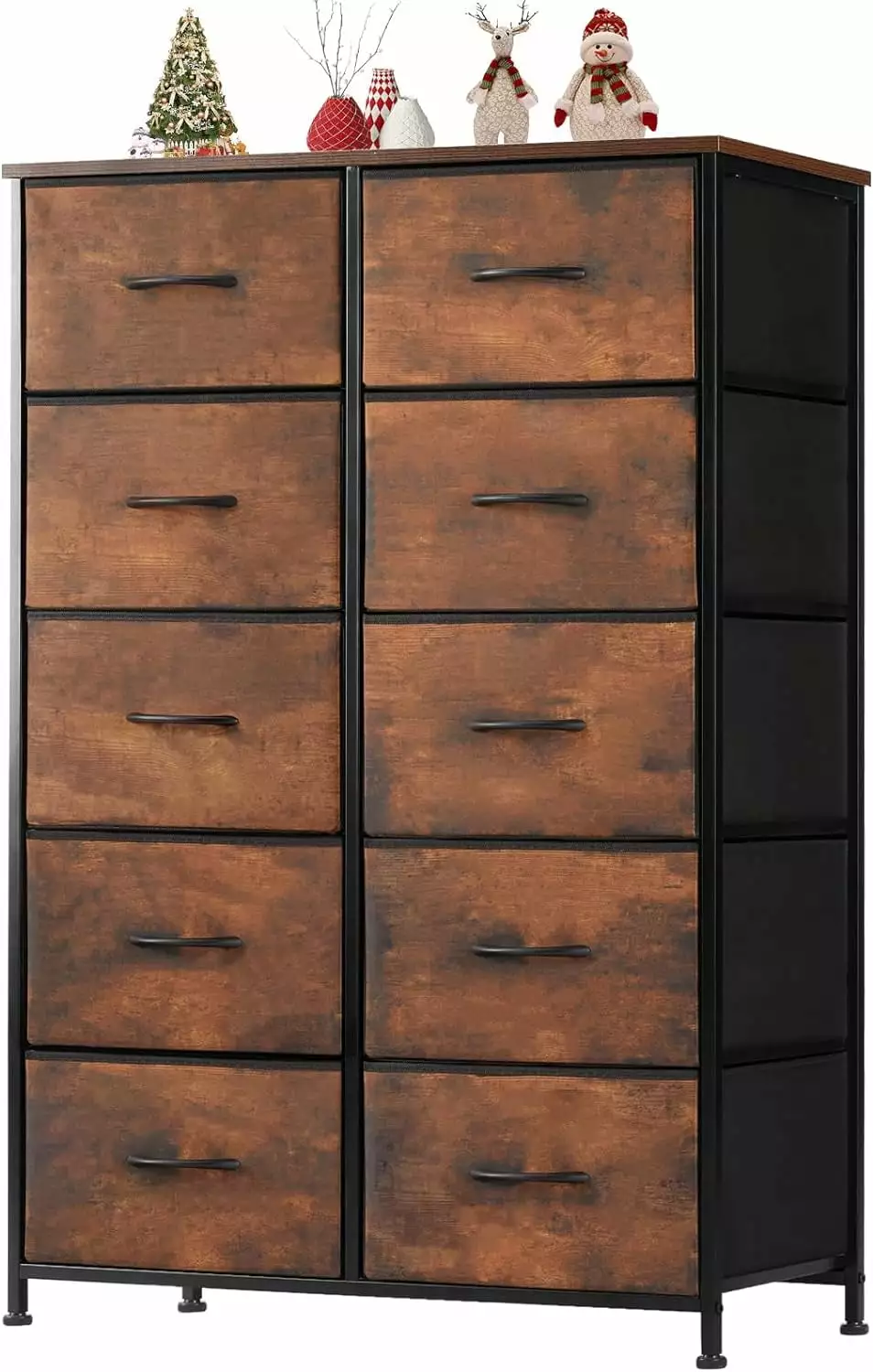 10-Drawer Tall Double Dresser Steel Frame - Rustic Brown Fabric Storage Chest Closet Living Room - Wooden Top A&A Manufact...