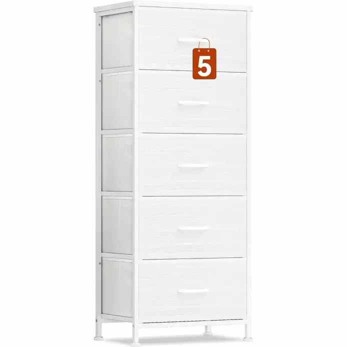 Tall 5 Drawer Fabric Dresser Bedroom Wood Grain White Finish Bed Bath & Beyond
