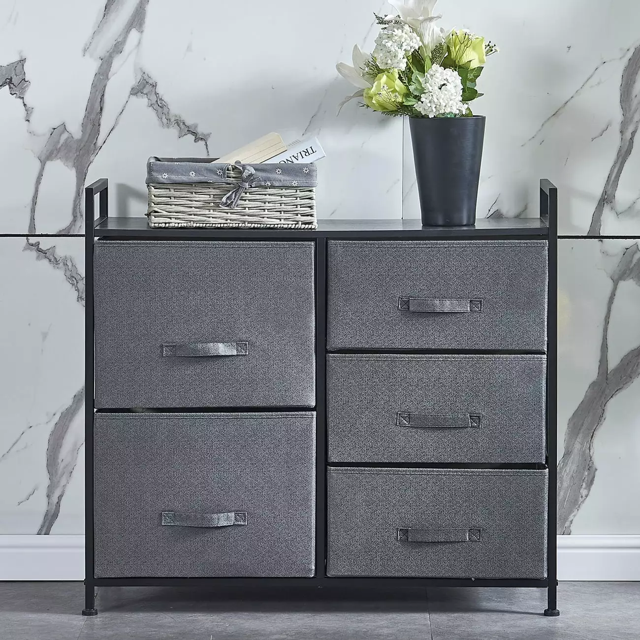 5 Drawer Storage Tower Fabric Dresser Bedroom Living Room Closets Steel Frame Wood Top BonChoice