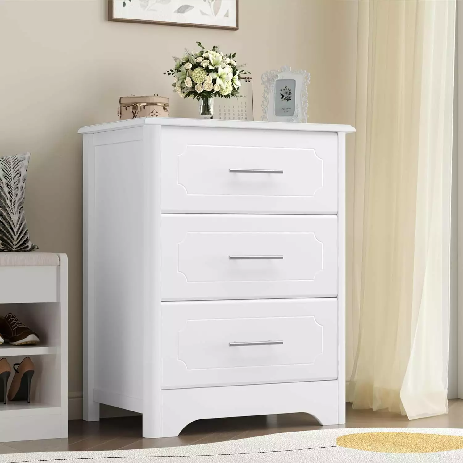 Elegant 3 Drawer Dresser Bedroom Modern White Tall Nightstand Deep Drawers