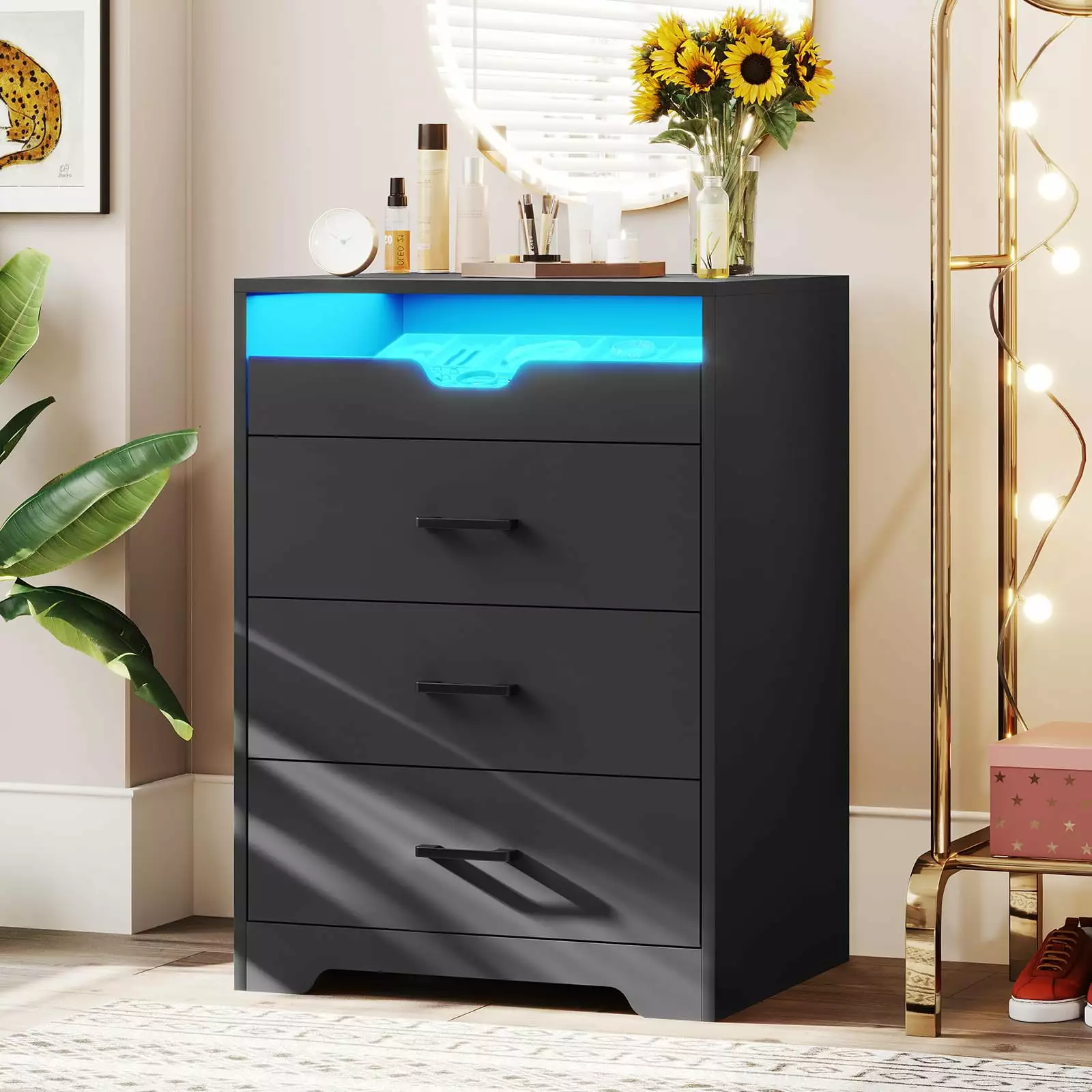 Weiplehoom Dressers Bedroom 3 Drawers Tall Dresser Pull-Out Tray Black