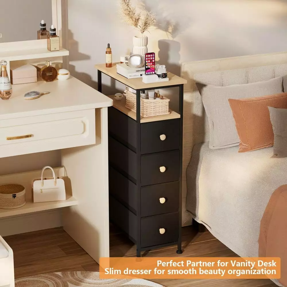 Tall 4-Drawer Nightstand Dresser Wood Shelf - Narrow Fabric Storage Chest Small Spaces - Black GardenBliss