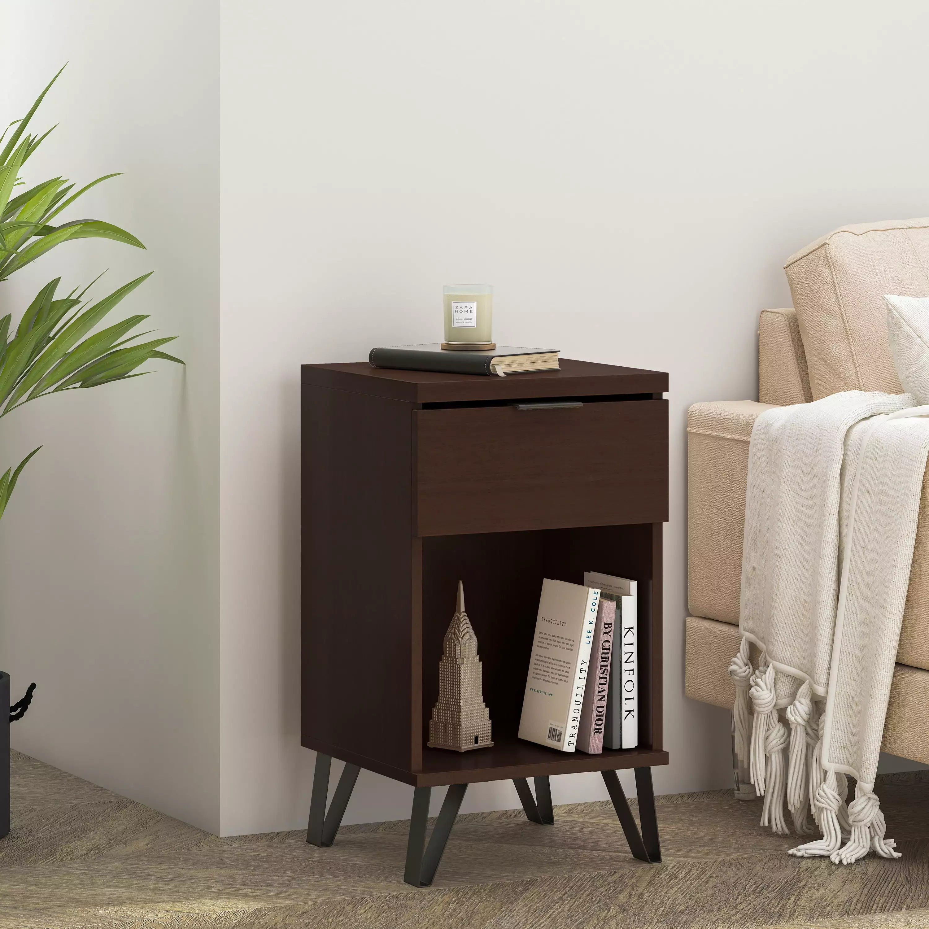 Noble Houtilize Maurers Faux Wood Tall Nightstand Drawer - Walnut and Matte Black Bedside Table Noble House