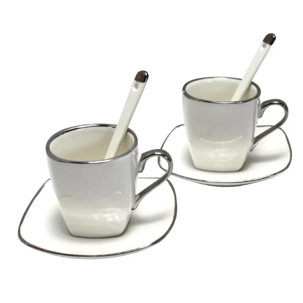Queen Isabell Espresso Cups Saucers 2 Piece Porcelain Set, Fine Bone China, 2x 80 ml, White Sterling