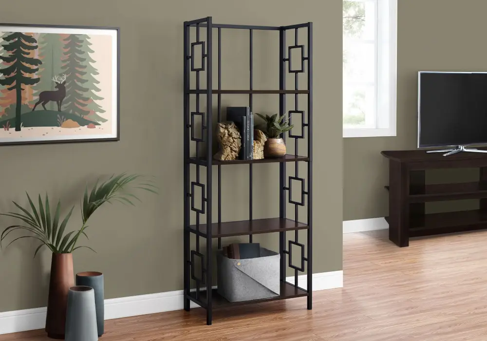 Bookshelf, Bookcase, Etagere, 4 Tier, Office, Contemporary & Up-to-date - Espresso Brushed Stainless