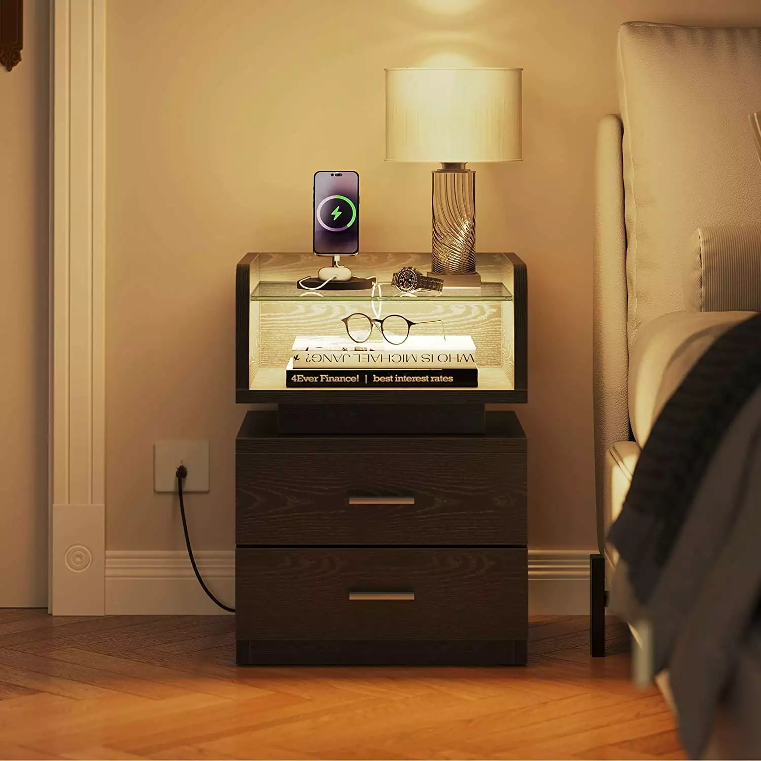 Dextrus Nightstand Charging Station and LED Lights Modern Bed Side Table 2 Drawers USB Ports Outlets Black