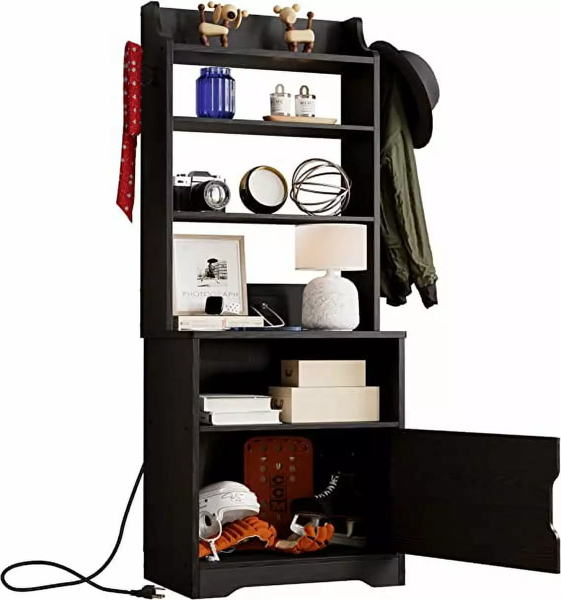 LIKIMIO Nightstand Charging Station 55 Tall End Side Table Cabinet Small Bookshelf Black