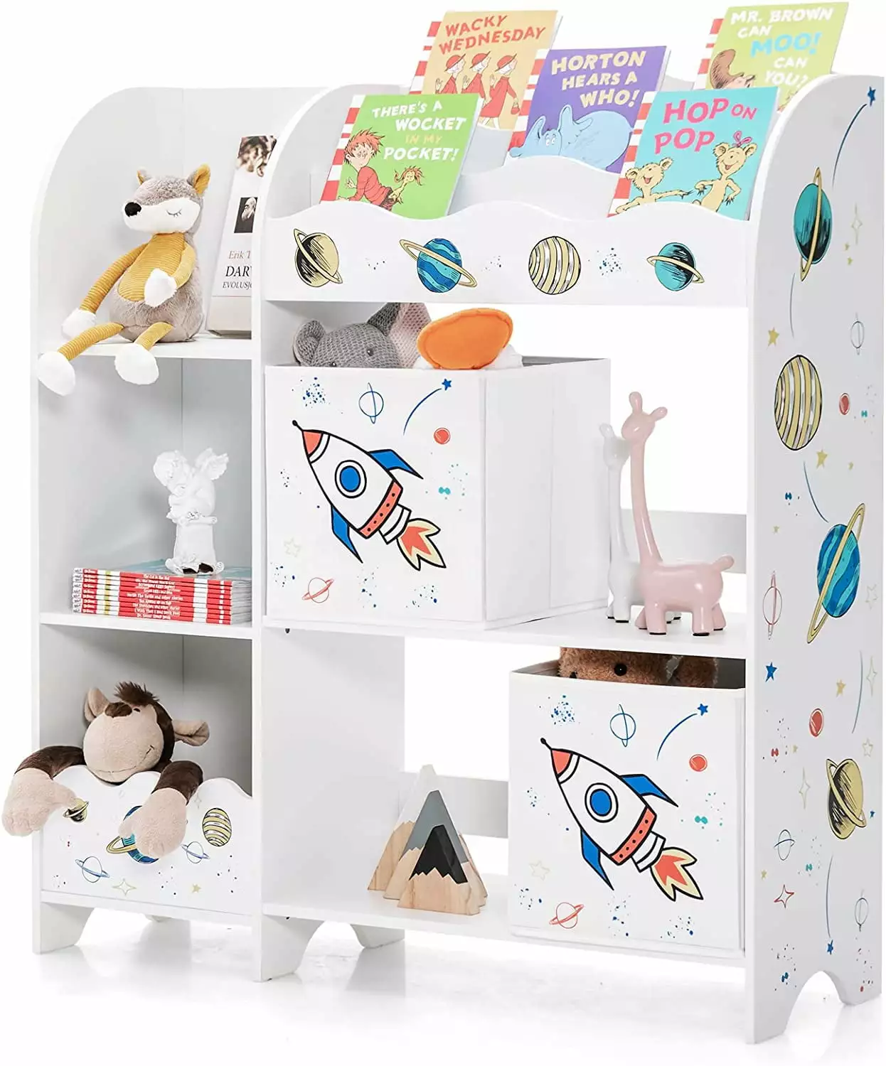 Rocket-Shaped Kids Wooden Toy Storage Organizer 2 Storage Boxes Bookshelf WRP