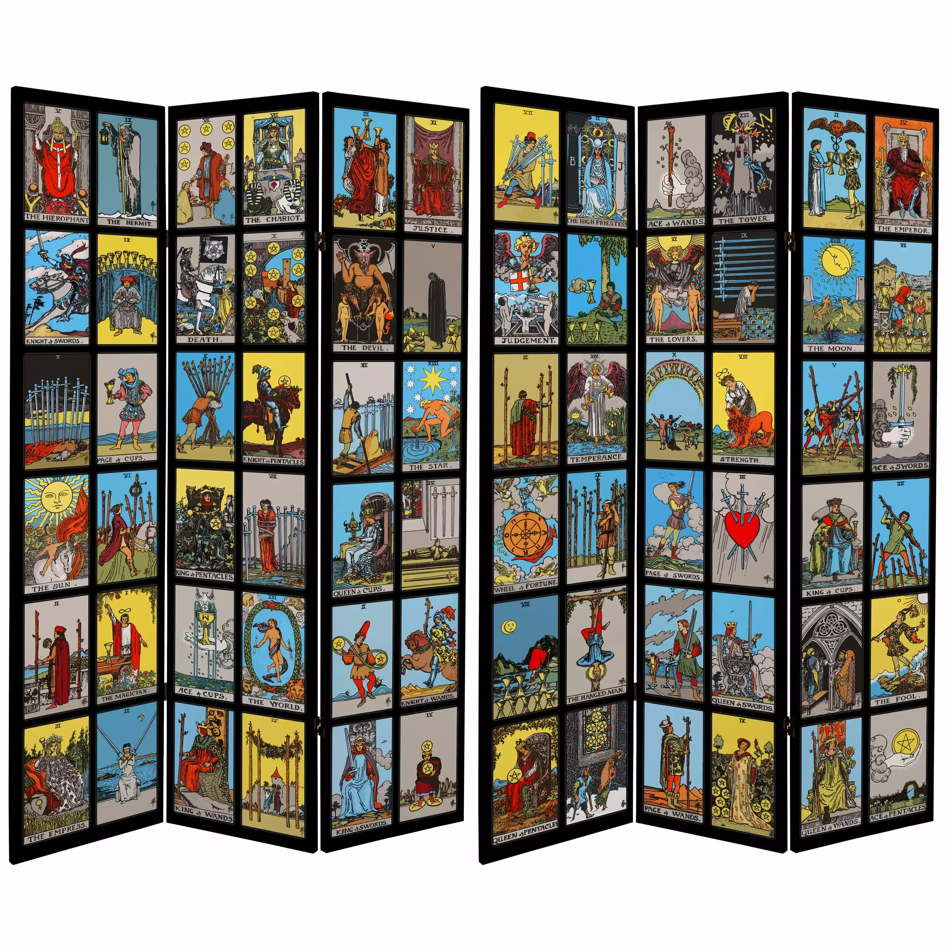 Oriental Furniture Double Sided Rider Waite Tarot Canvas 3 Panel Room Divider - Divination Art Screen