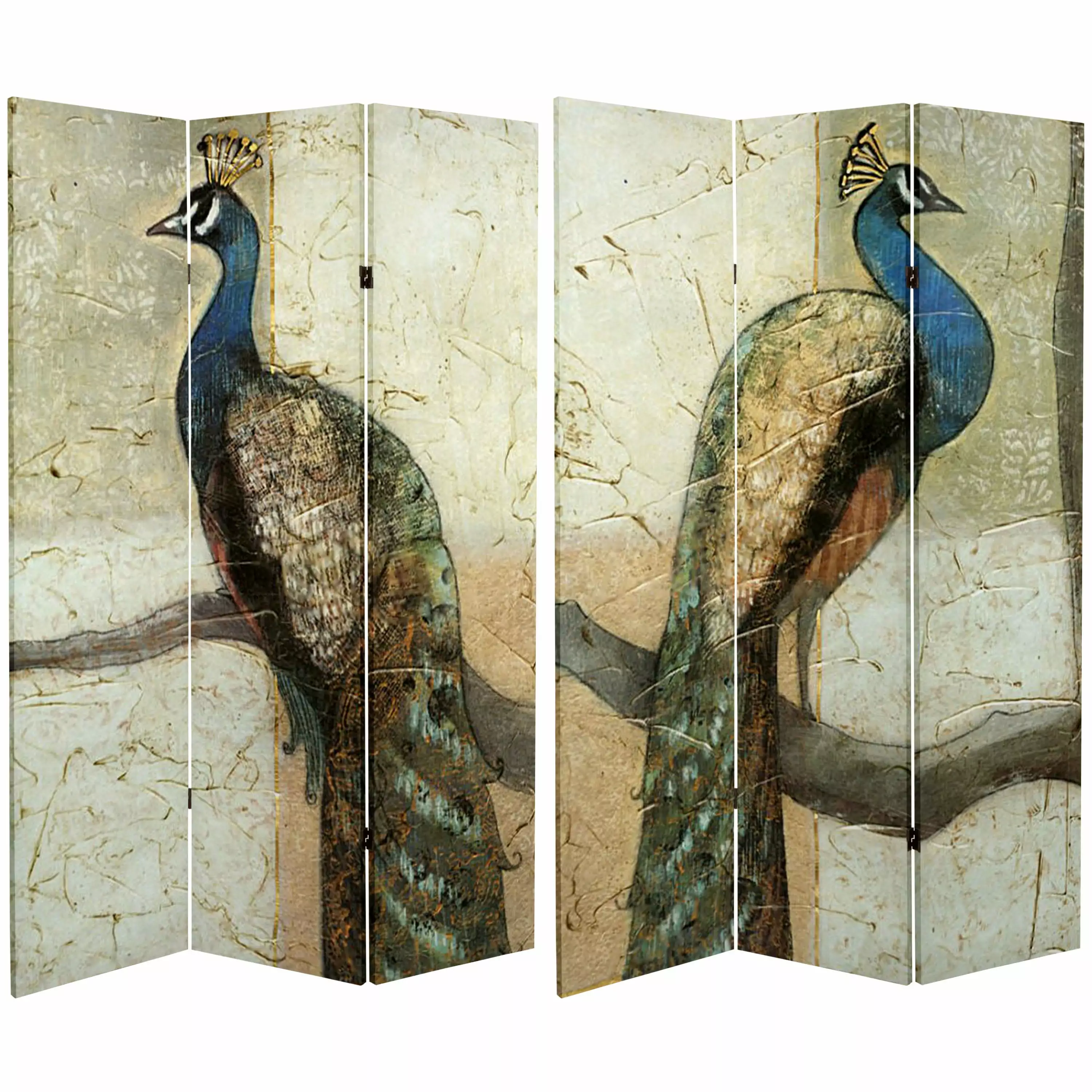 Oriental Furniture 6 ft. Tall Peacocks Canvas Room Divider - 3 Panel Bird Themed Decorative Screen