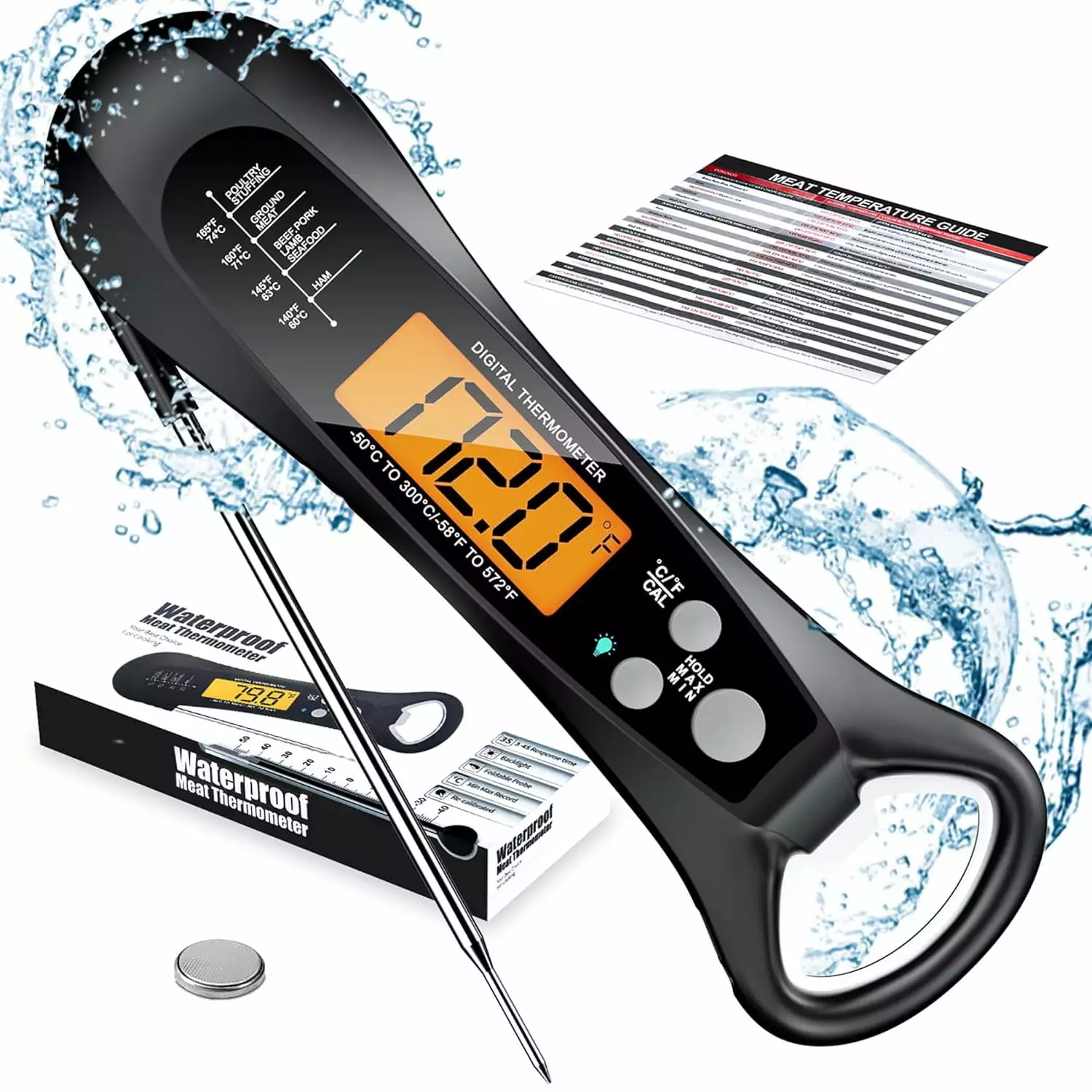 Digital Meat Thermometer - Waterproof Instant Read Thermometer Grilling, BBQ, Turkey, Candy