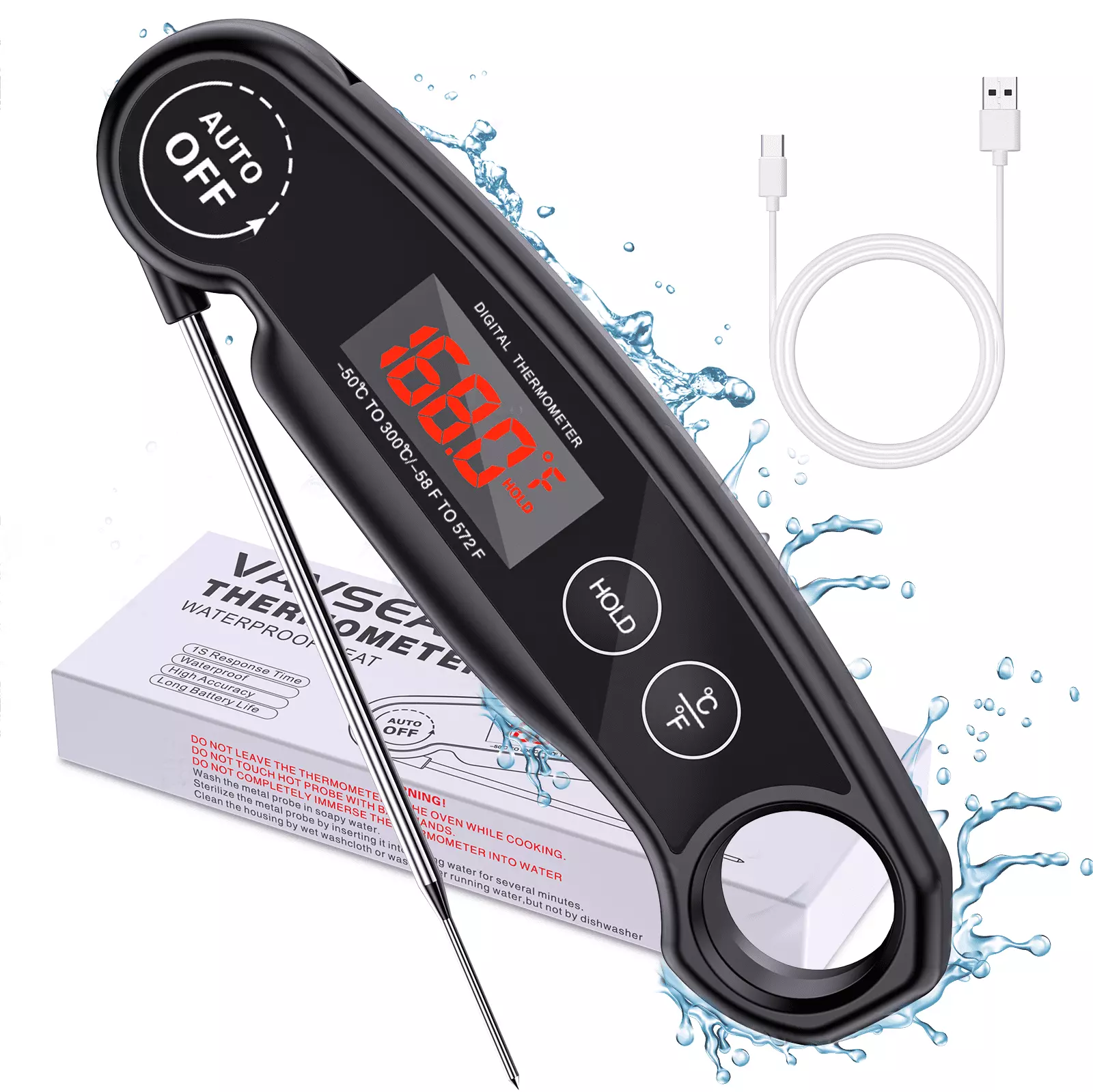VAVSEA Digital Meat Thermometer Ultra Fast Instant Read Food Thermometer Large LED Display IP65 Waterproof