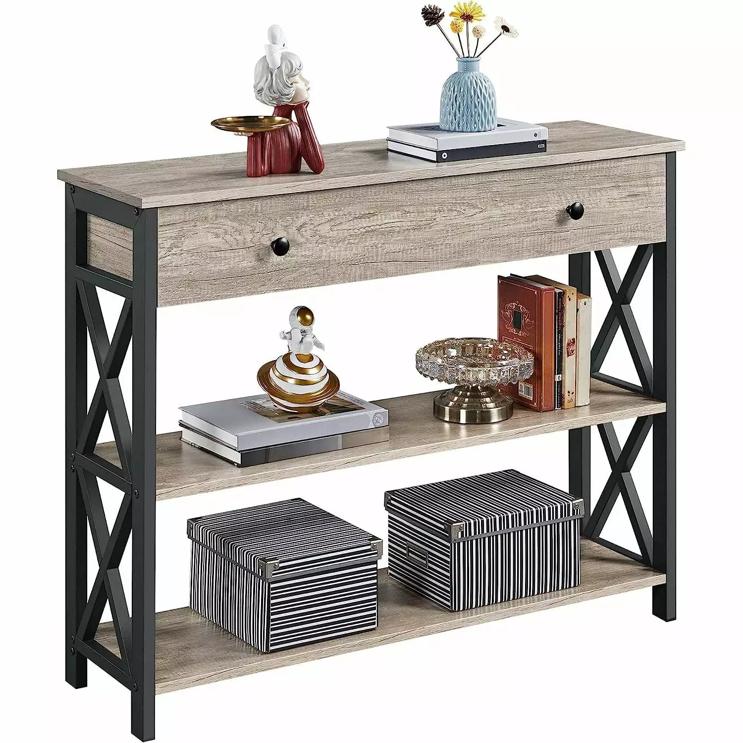 HElectQRIN 3 Tiers Console Table Drawer Open Storage Modern Entryway Sofa Table Gray Console