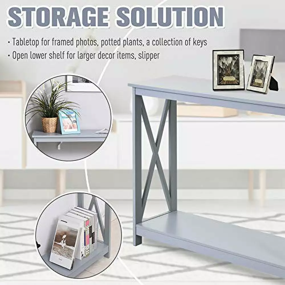 HOMCOM 2-Tier Console Table Grey Sofa Side Table Storage Shelf X Design Console SHINW