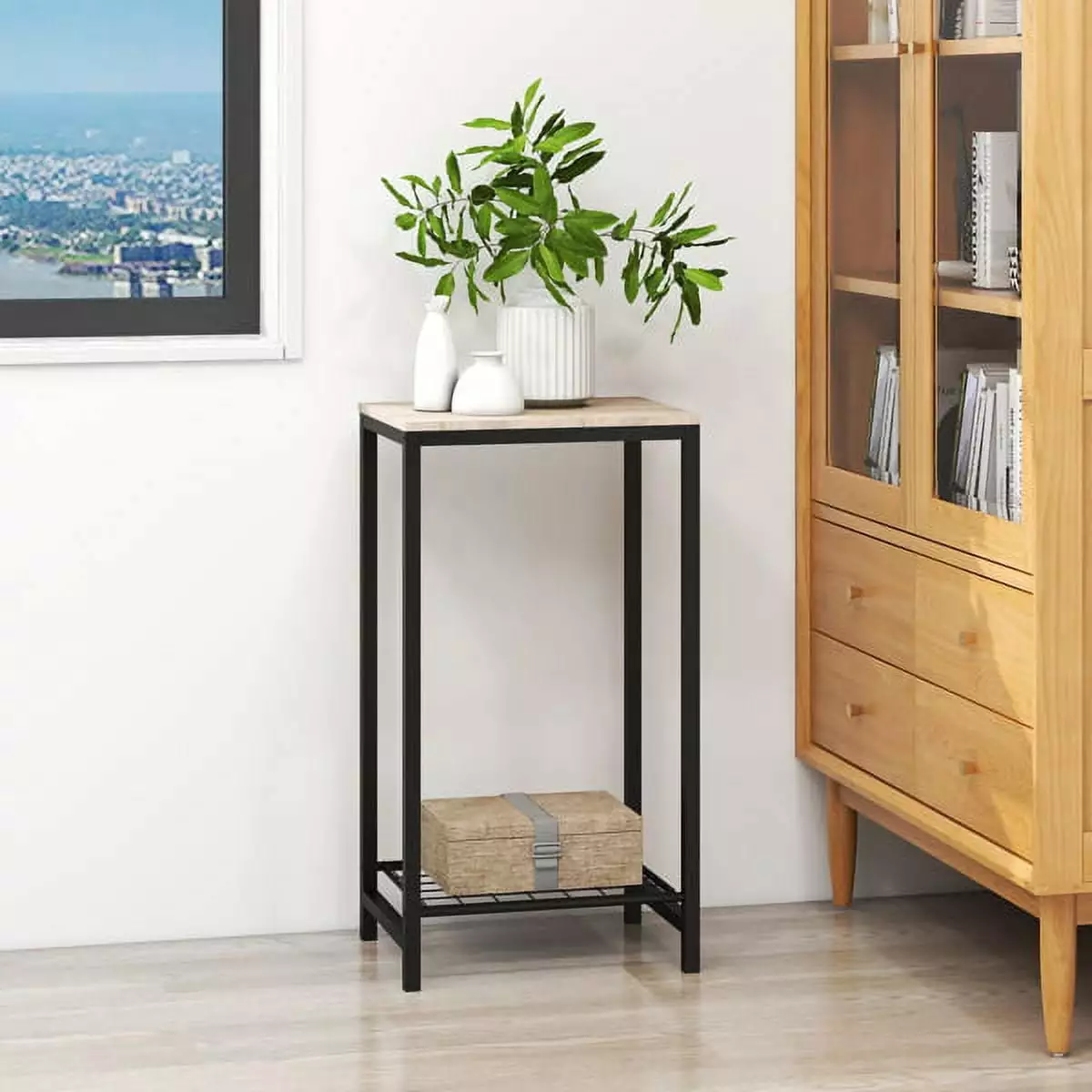 2-Tier End Table Side Desk Nightstand Mesh Shelves and Metal Frame OAK Finish QHTT