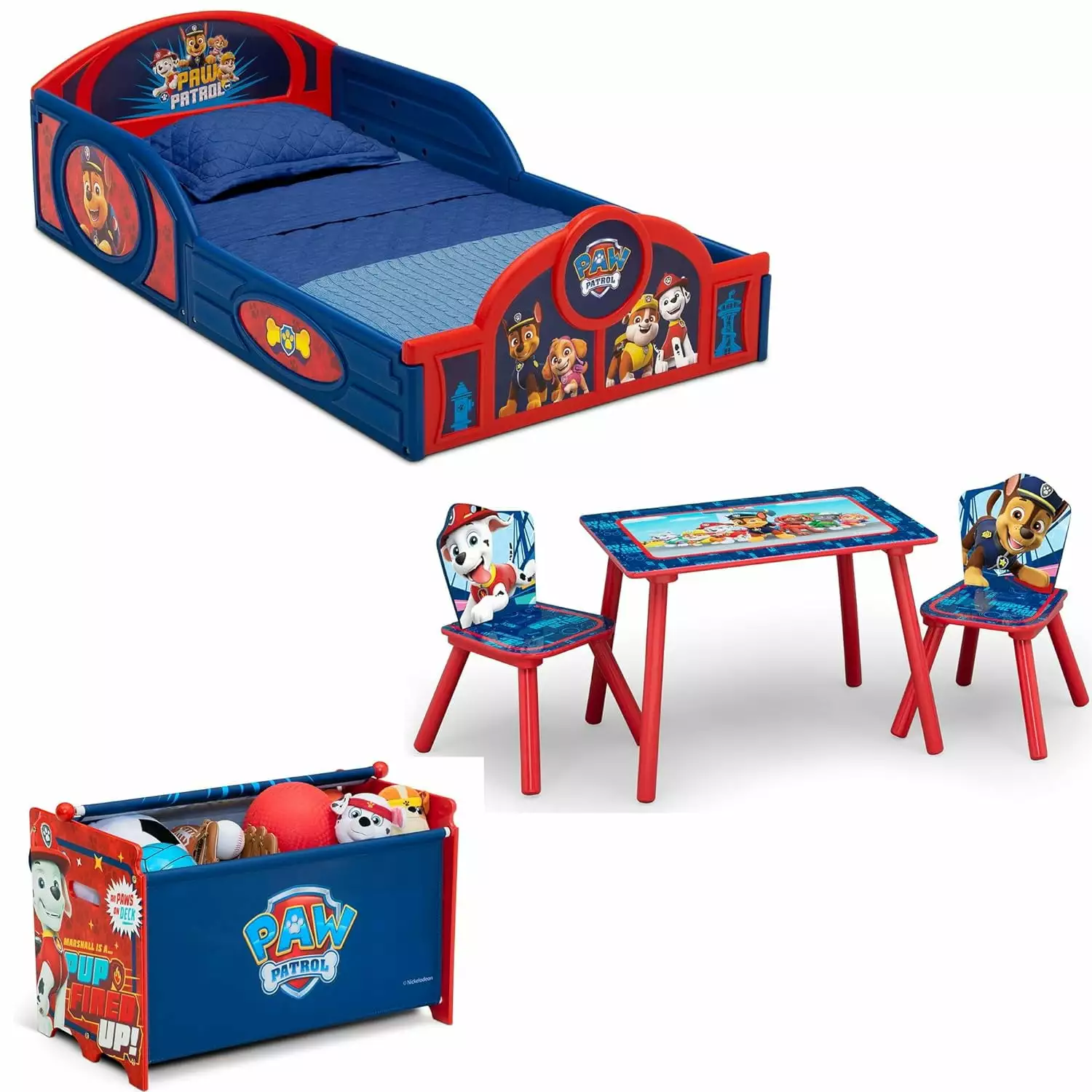 DONFU PAW Patrol 5-Piece Toddler Room---Box Set Sleep and Play Bed, Table, 2 Chairs, and Toy Box Blue