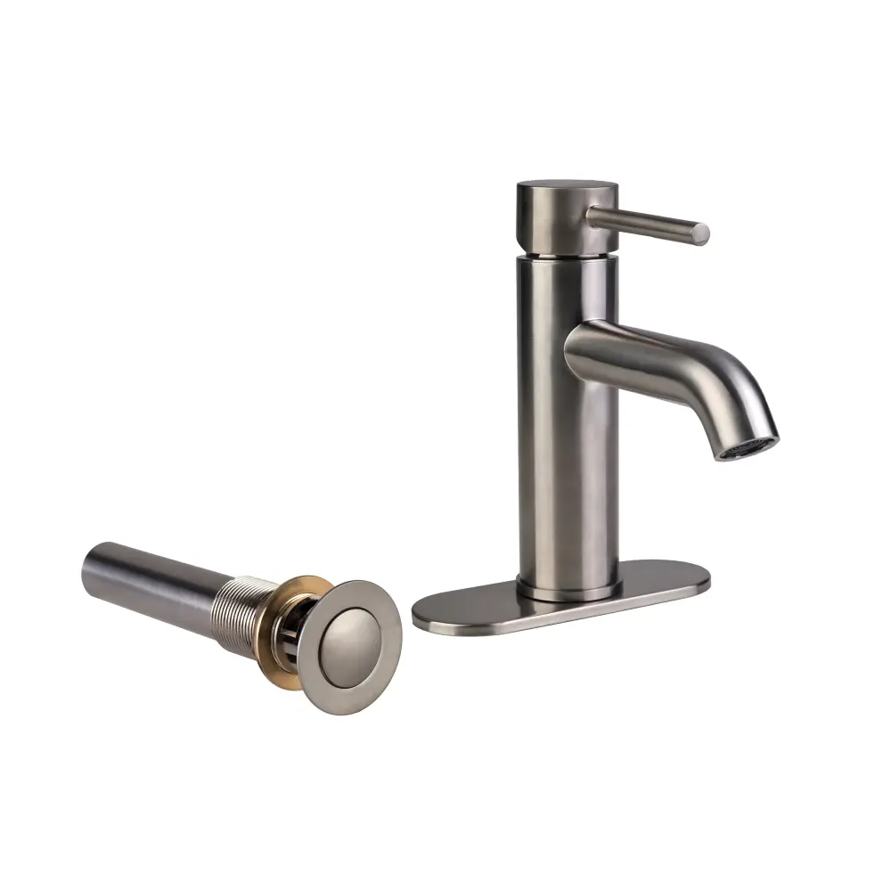 Palais Royal European Single Hole Bathroom Faucet Standard Sink Drain and Deck Plate Satin-brushed Nickel