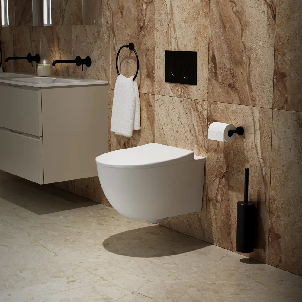 Primo Dolce Wall Hung Rimless Toilet, Concealed Cistern Frame & Matt Midnight Flush Plate | Rustproof & Easy Clean