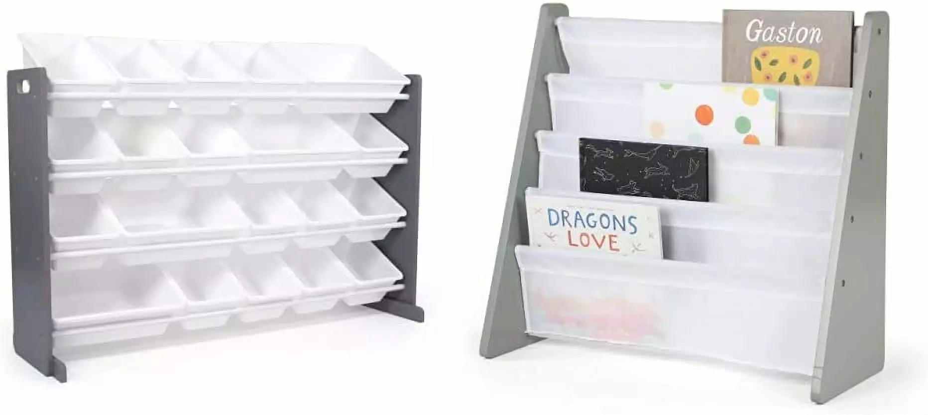 DONFU Extra-Large Kid's Toy Organizer 20 Storage Bins and Crew Kids Book Rack Grey/White