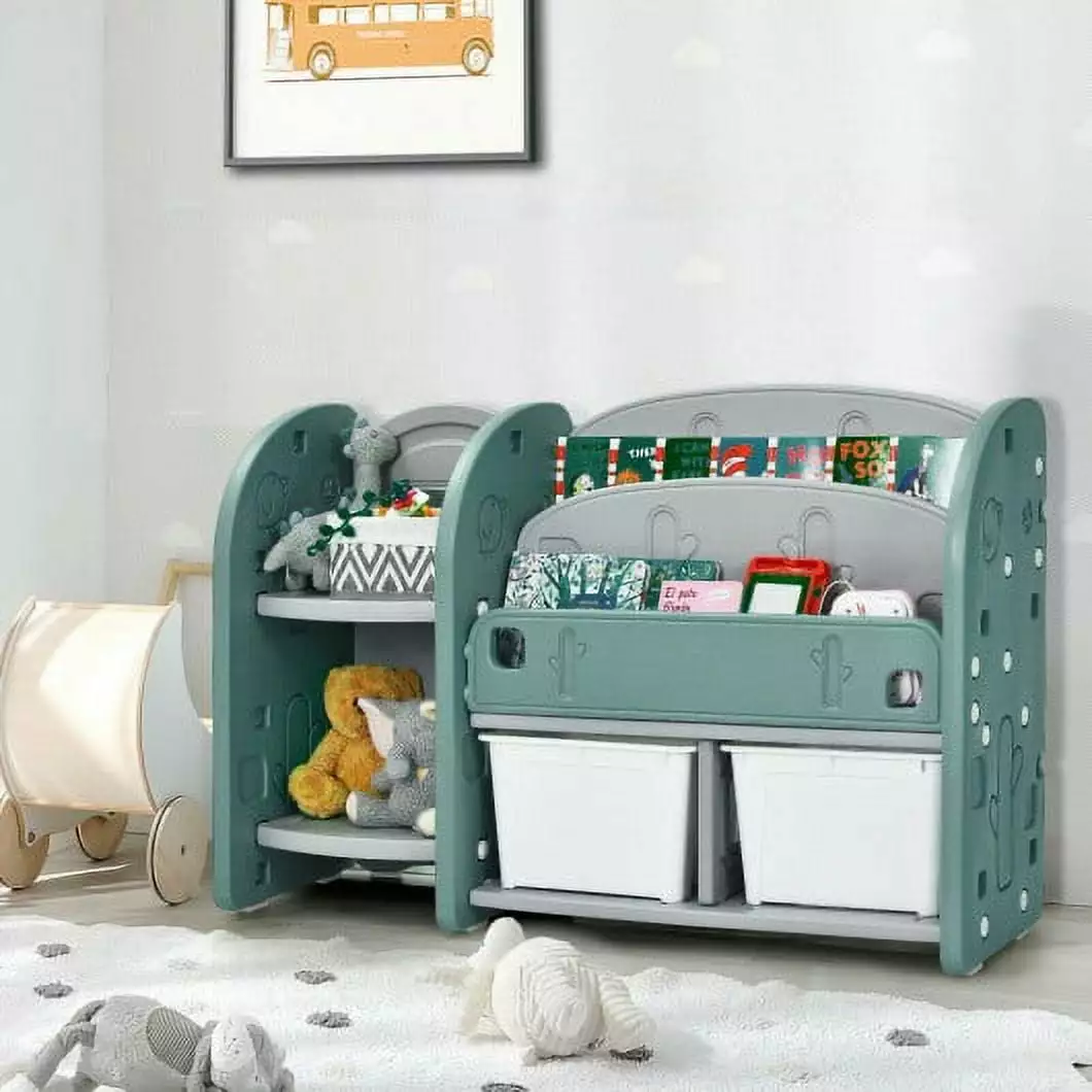 Kids Toy Storage Organizer 2-Tier Bookshelf and Plastic Bins Generic