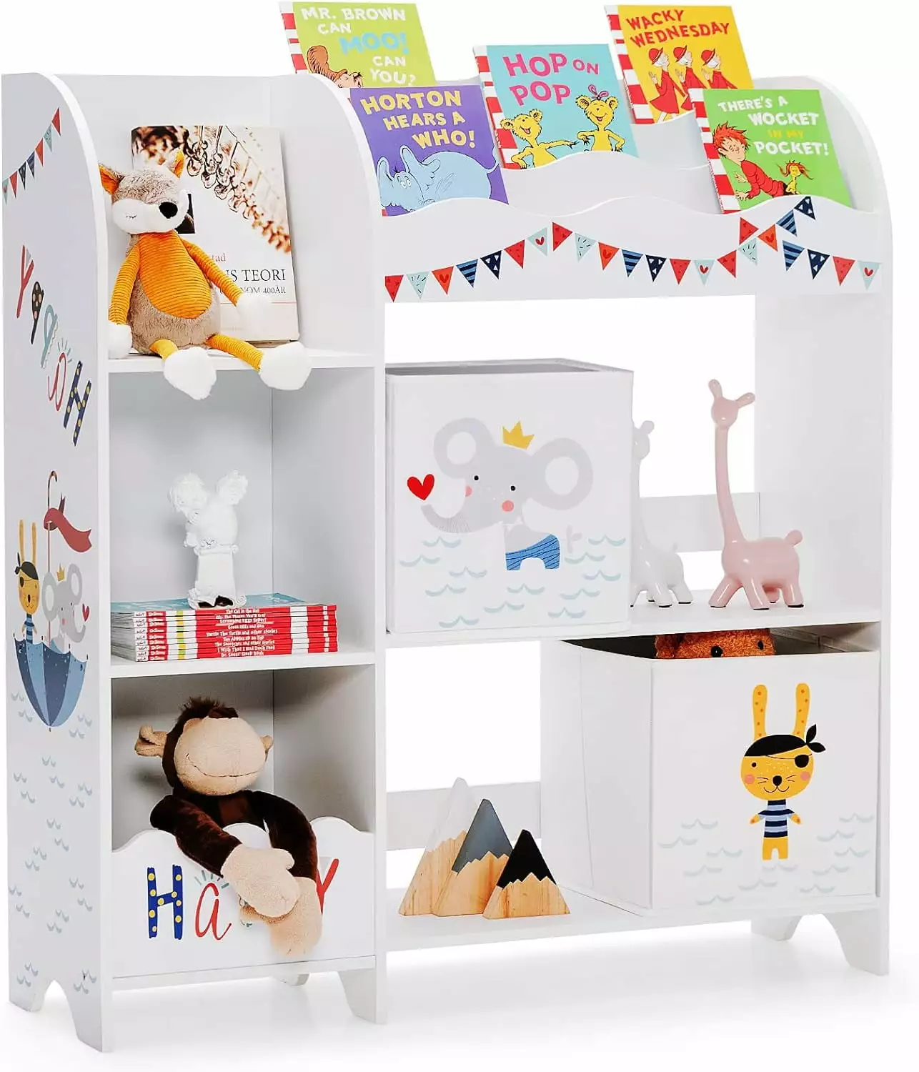 Toy and Book Organizer Kids Wooden Storage Display Cabinet Bookshelf 5 Open Shelves 2 Storage Boxes and 3 Slots kk