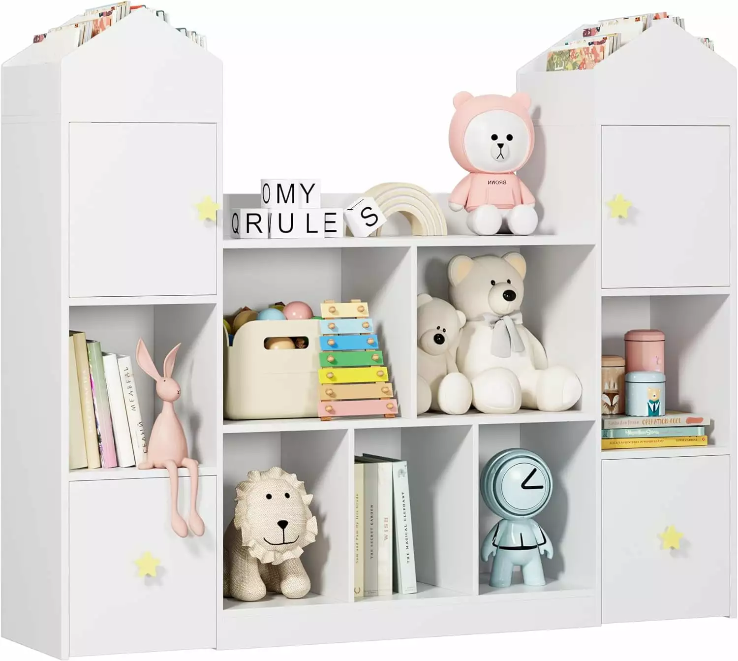 54.5' Toy Storage Organizer - Kids Bookshelf 9 Cubbies and 2 Moveable Drawers on Hidden Wheels YOJFOTOOU
