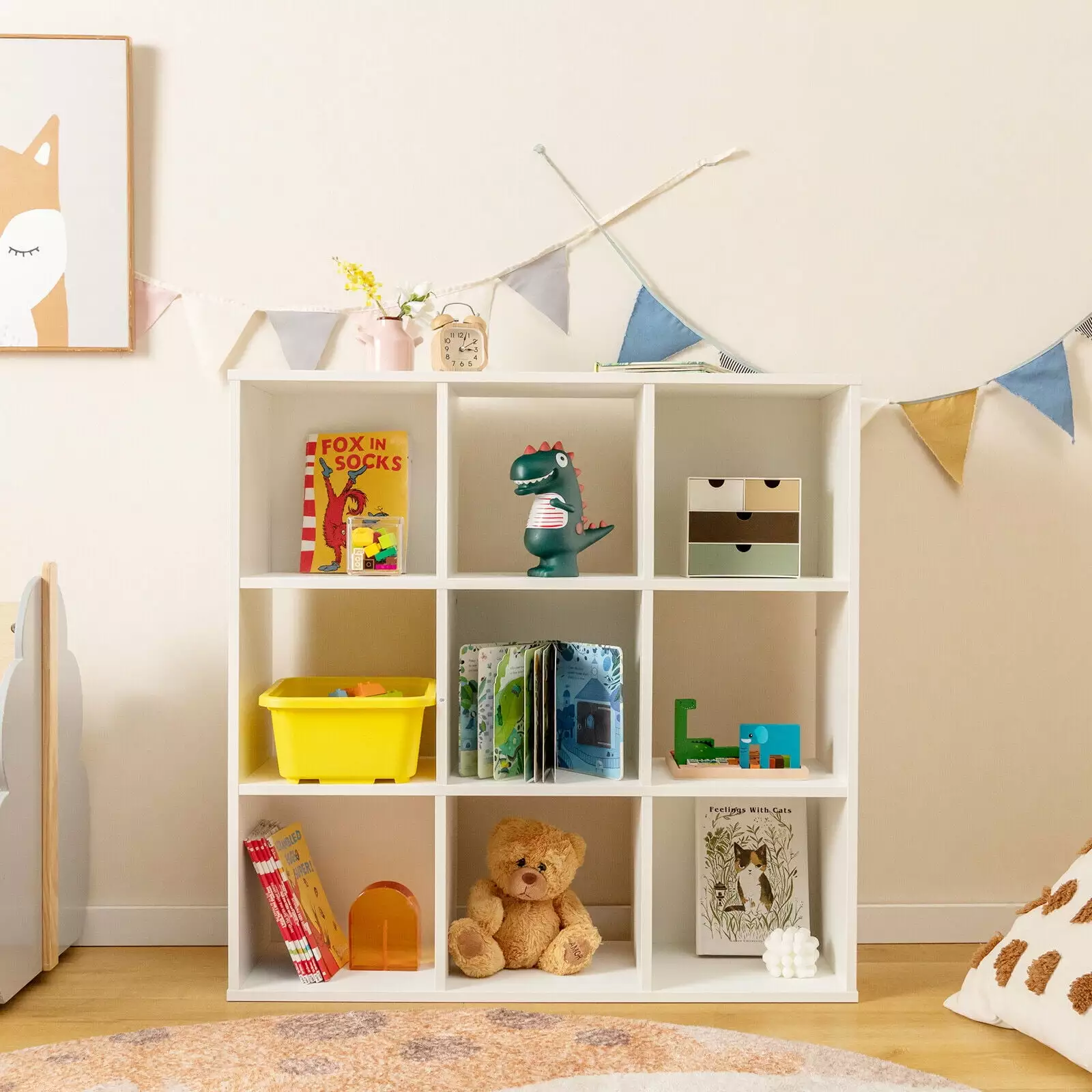 Exdeerjoy 9-Cube Kids Toy Storage Organizer Wooden Children's Bookcase Display Bookshelf 4-layer