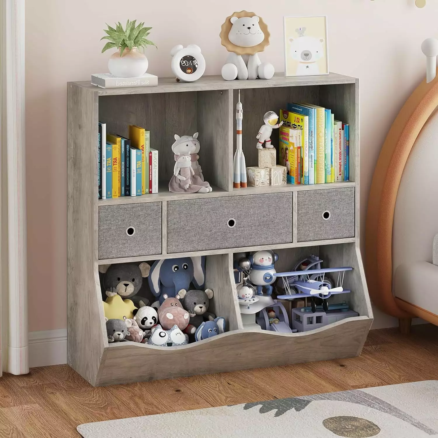 Kids Toy Storage Organizer Storage Drawer 3 Tier Kids Bookshelf and Bookcase Gray FANWB