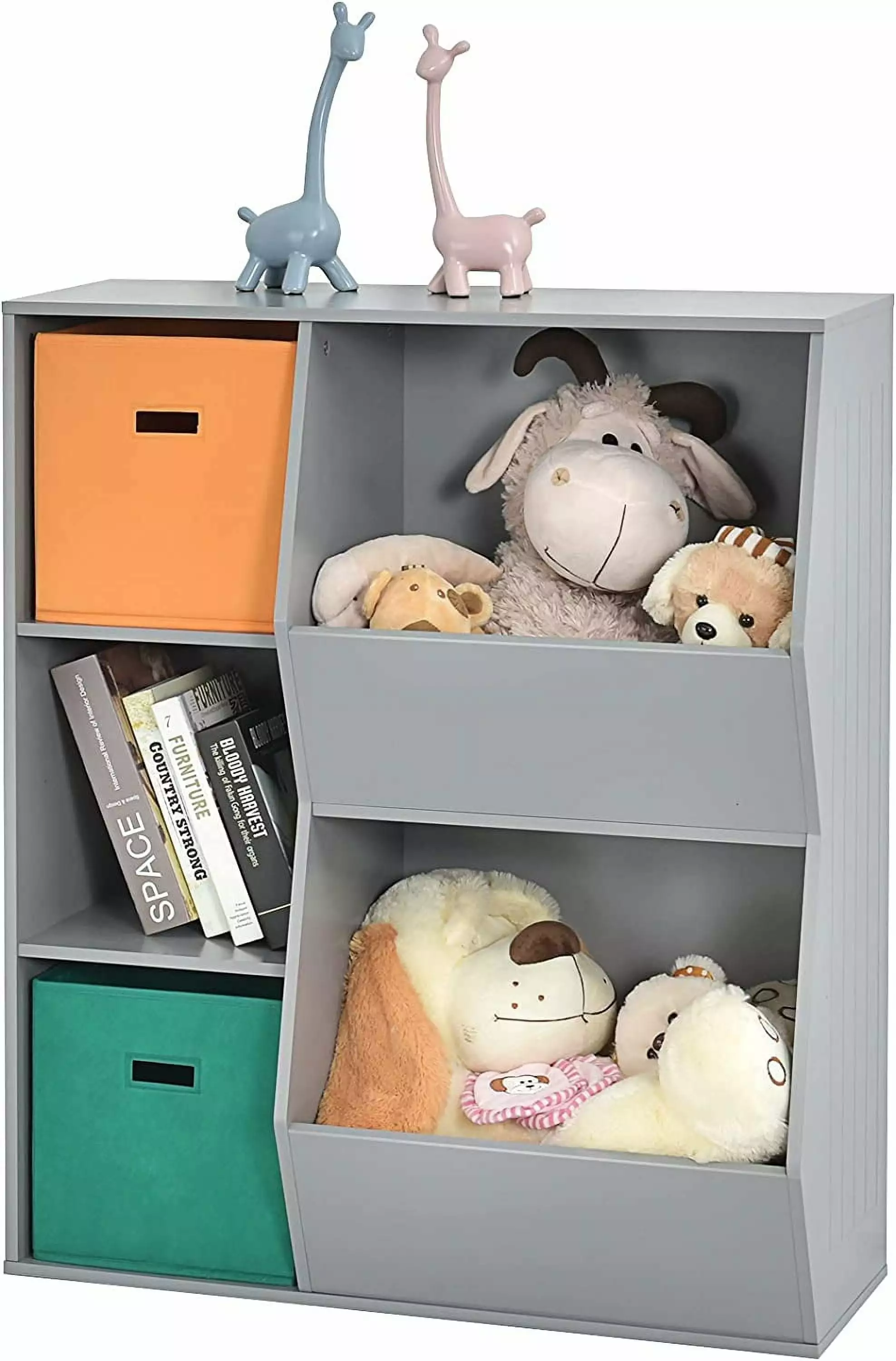 FJU 5 Cubbies Kids Toy Storage Organizer Children Bookcase and Bookshelf 2 Storage Boxes Gray