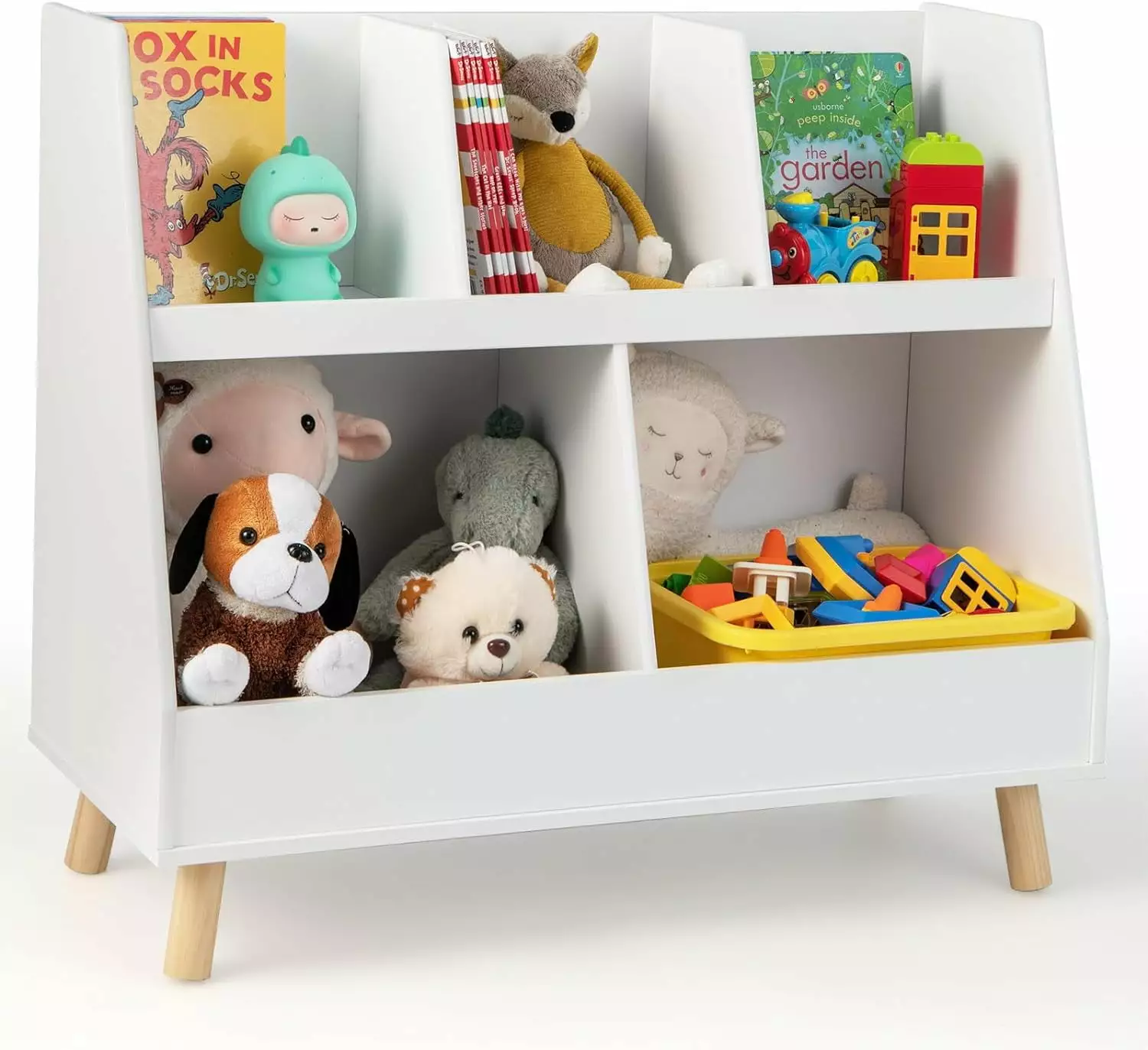 QIANGLING Toy Organizers and Storage Bookshelf 5 Cubbies Wooden Toy Cabinet White