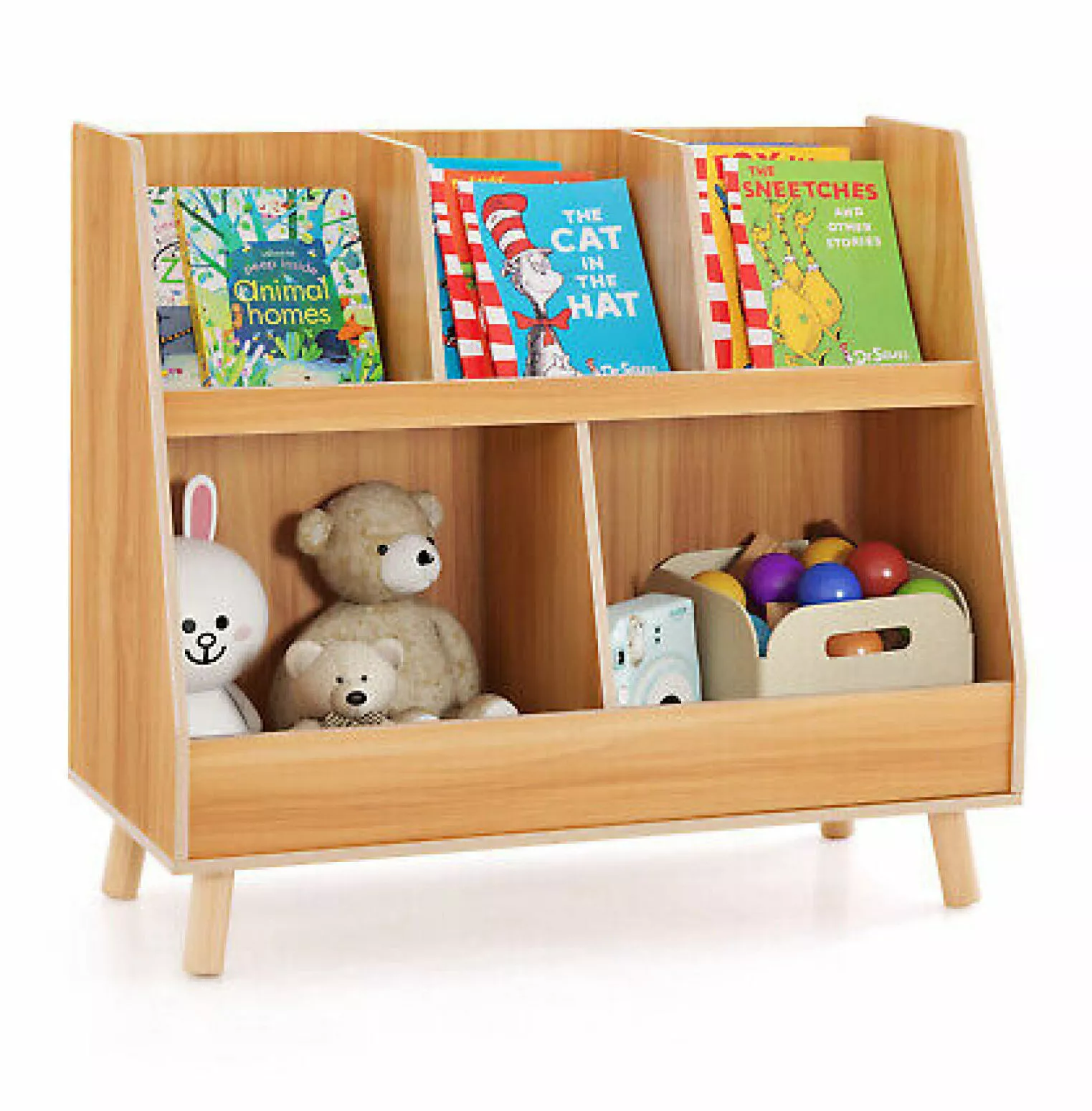 WANCQ 5-Cube Kids Bookshelf and Toy Organizer Wooden Storage Bookcase Wood Legs