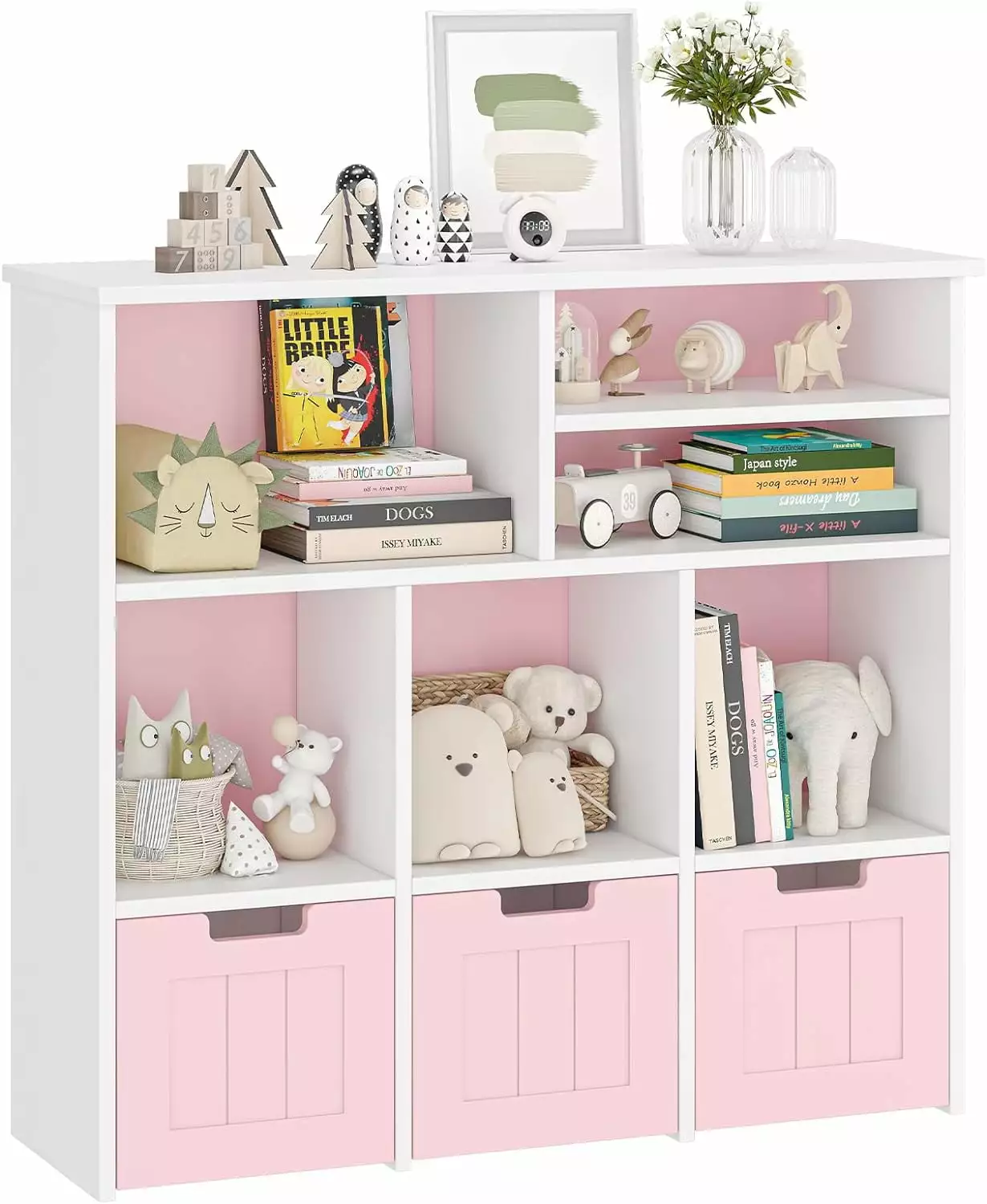 Toy Storage Cabinet Wooden 3 Movable Drawers 6 Cubes Kids Bookshelf Hidden Wheels Bedroom Playroom Joyspirit