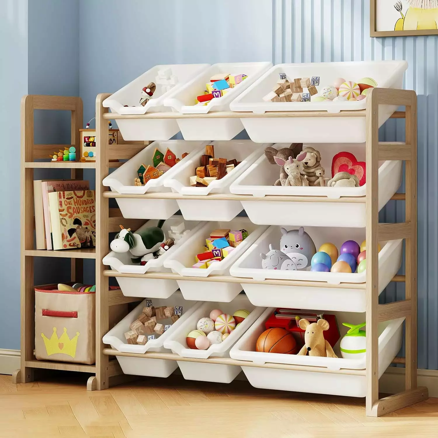 Toy Storage Organizer Bookshelf 3 Shelves and 12 Bins Kids Room White B&B Charcoal
