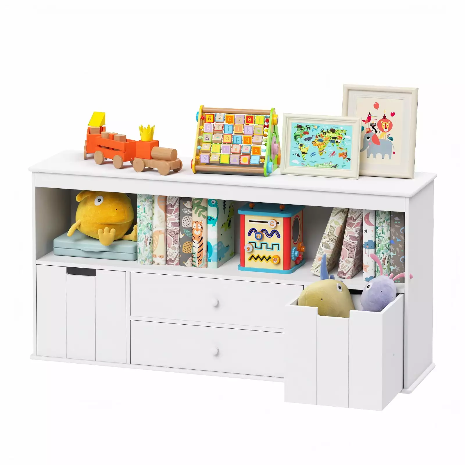 Bemico Toy Storage Bookshelf Drawers and Bins Wood Toy Cabinet Kids Room Playroom Bedroom White