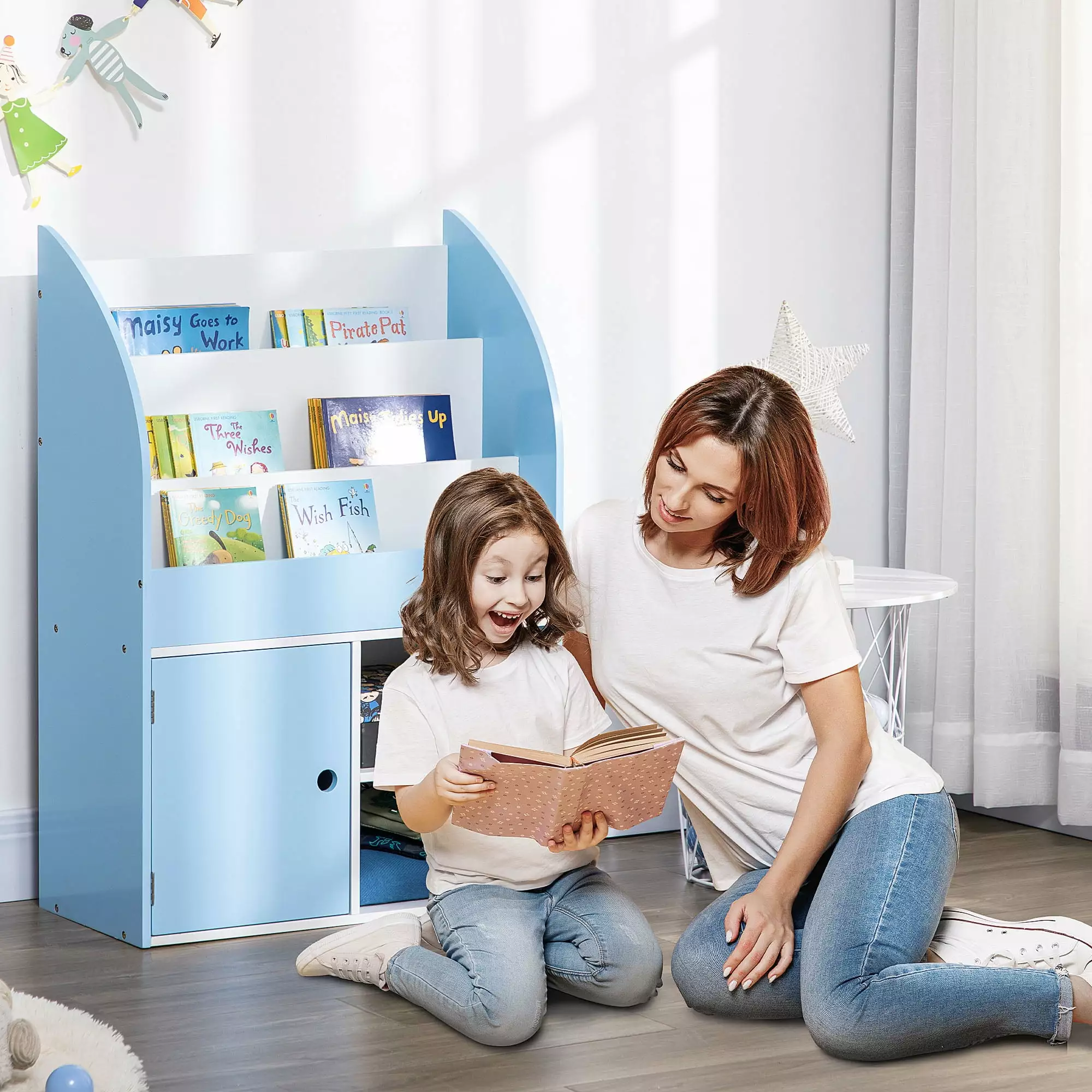 Bookshelf Multi-Purpose Kids Toy Storage Organizer Preschool Early Reading Kids Bookcase Cabinet Blue CNCJ