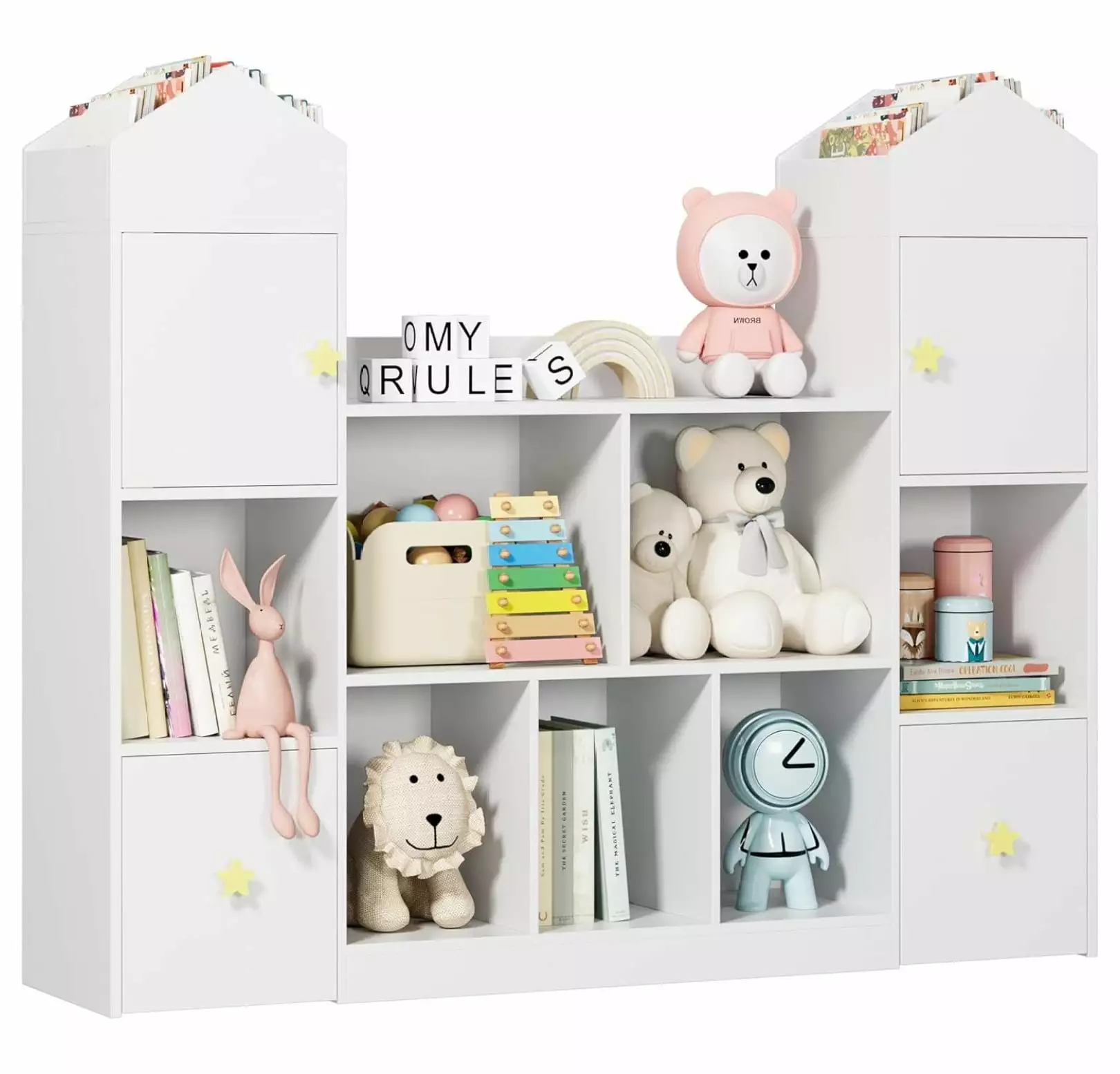 54.5 Inch Toy Storage Organizer 9 Cubbies 2 Drawers Kids Bookshelf Hidden Wheels DaiZuY