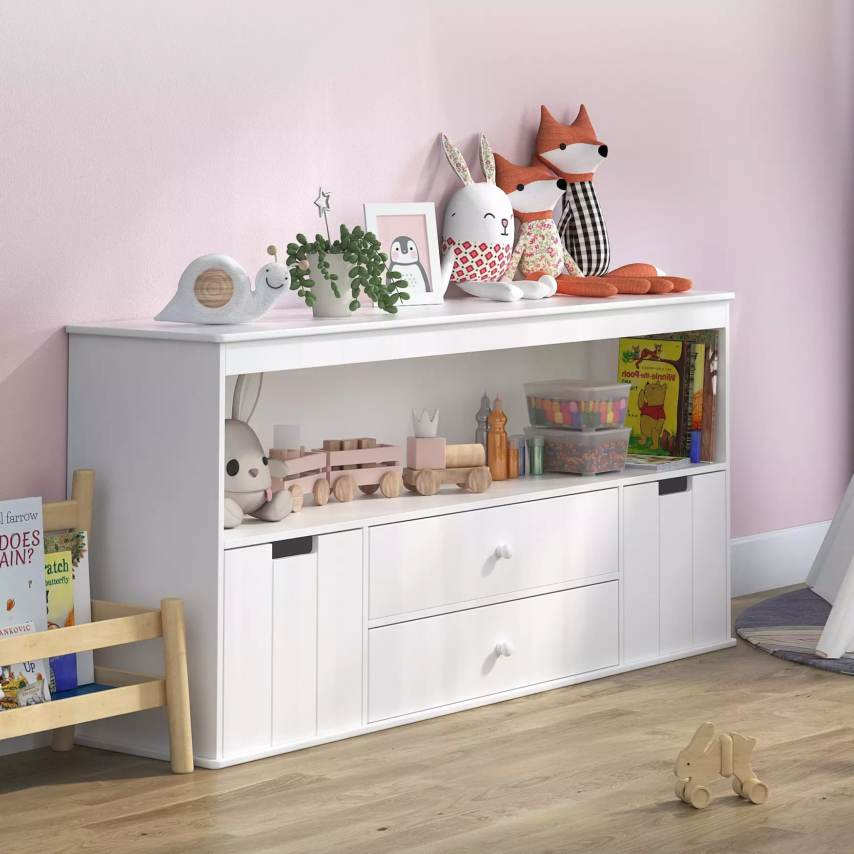 Bemico Kids Toy Storage Cabinet White Toddlers Chest Cabinet 4 Drawers Playroom Bedroom Elephance